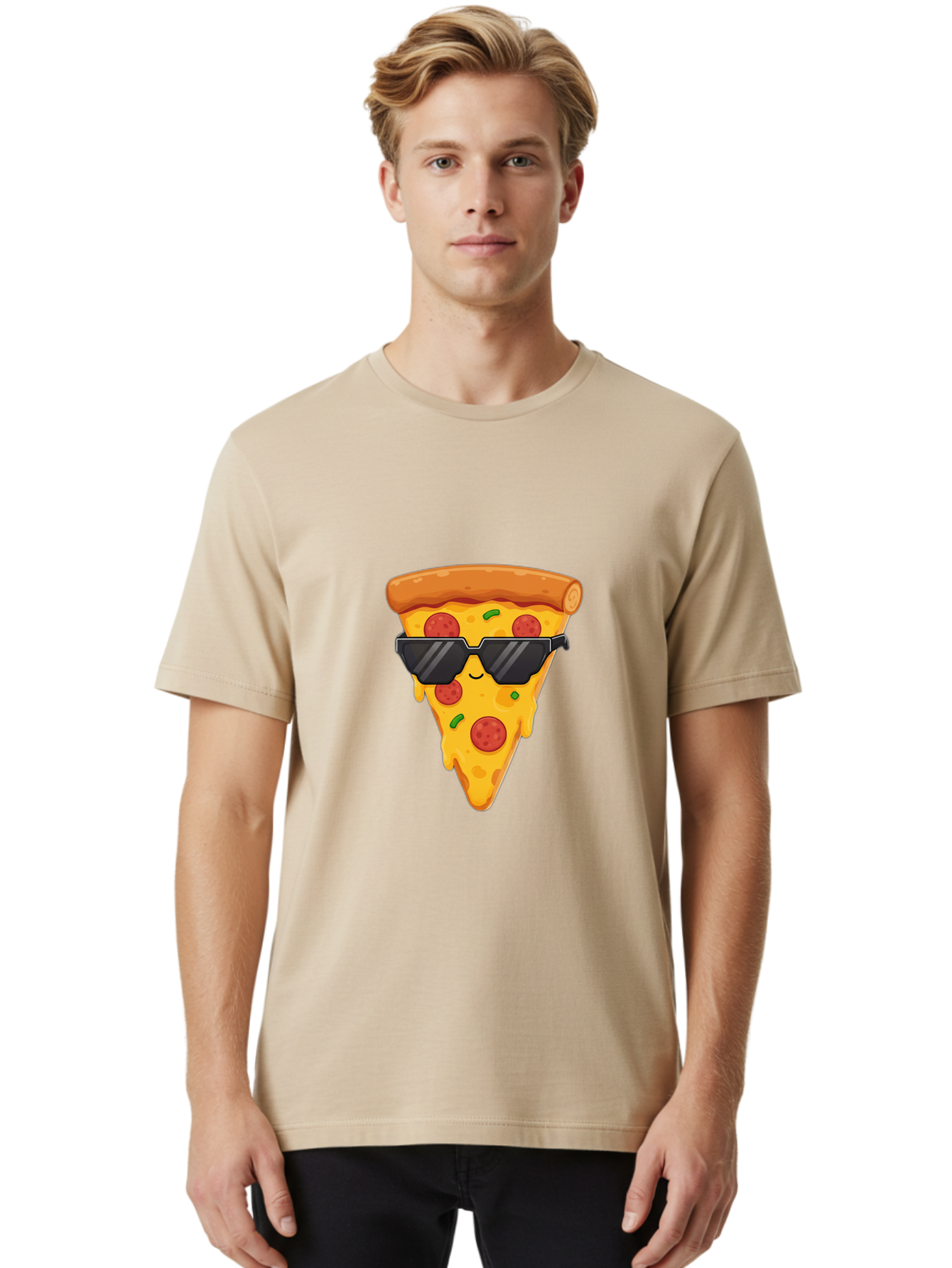 Pizza-Slice-12 Men'S Graphic Tee, 100% Cotton, Comfortable Casual Summer Wear, Machine Washable, Funny Pizza Slice, Cartoon Character, Sunglasses, Pepperoni Pizza, Melting Cheese, Casual Style, Laid-Back Vibe, Food Illustration, Quirky Design, Bac272