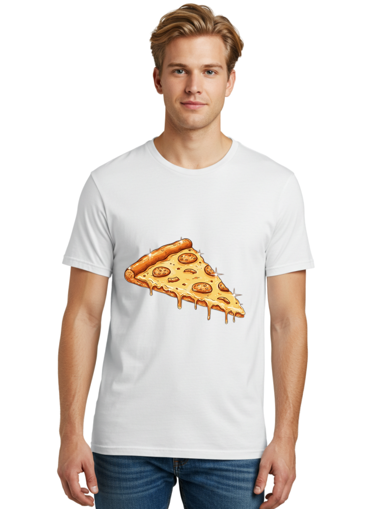 Pizza-Slice-18 Men'S Graphic Tee, 100% Cotton, Comfortable Casual Summer Wear, Machine Washable, Cheesy Pizza Slice, Pepperoni Pizza, Gooey Cheese, Delicious Food, Pizza Toppings, Tasty Treat, Italian Cuisine, Melty Cheese, Savory Delight Bac278
