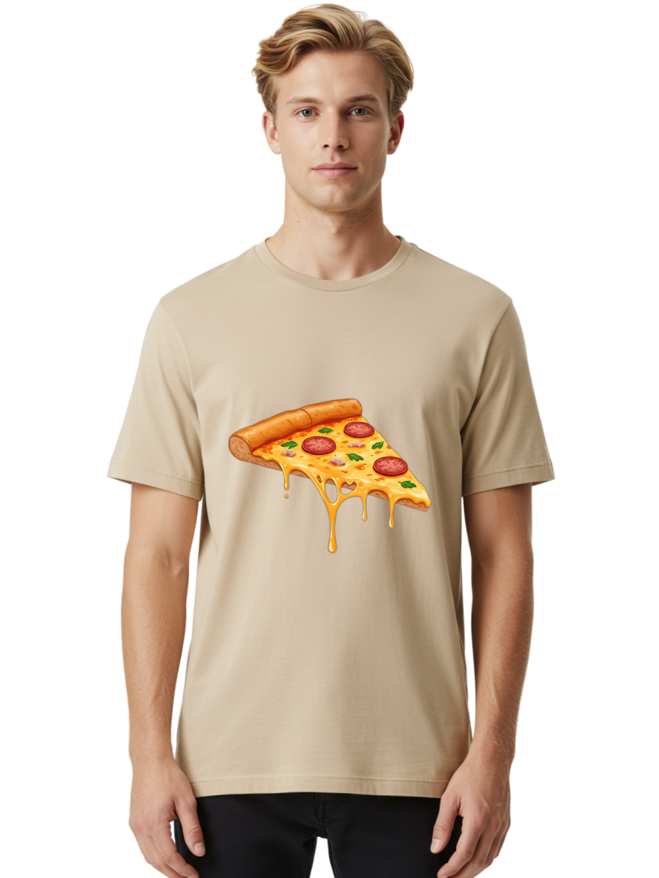Pizza-Slice-19 Men'S Graphic Tee, 100% Cotton, Comfortable Casual Summer Wear, Machine Washable, Pepperoni Pizza Slice, Melted Cheese, Gooey Cheese, Pepperoni, Basil, Italian Food, Pizza Lover, Cheesy Goodness, Savory Delight, Foodie, Bac279