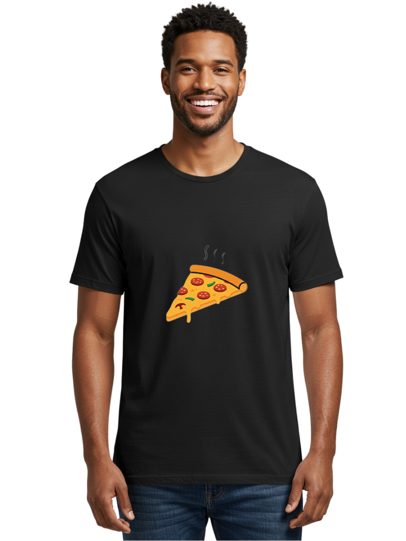 Pizza-Slice-21 Men'S Graphic Tee, 100% Cotton, Comfortable Casual Summer Wear, Machine Washable, Pepperoni Pizza Slice, Melted Cheese, Green Peppers, Hot Food, Cartoon Style, Savory Delight, Freshly Baked Pizza, Tasty Treat, Gooey Strings Bac282
