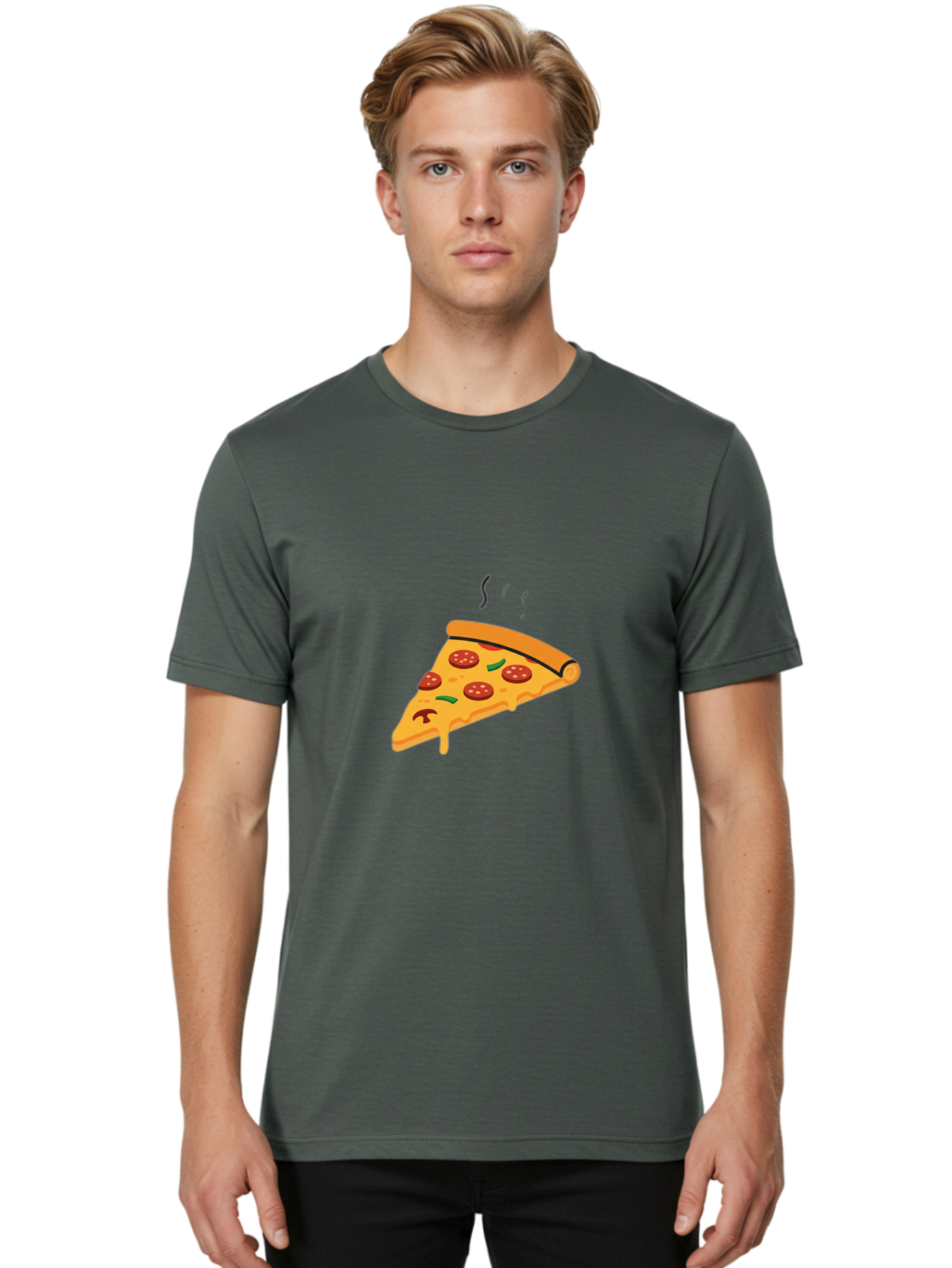 Pizza-Slice-21 Men'S Graphic Tee, 100% Cotton, Comfortable Casual Summer Wear, Machine Washable, Pepperoni Pizza Slice, Melted Cheese, Green Peppers, Hot Food, Cartoon Style, Savory Delight, Freshly Baked Pizza, Tasty Treat, Gooey Strings Bac282