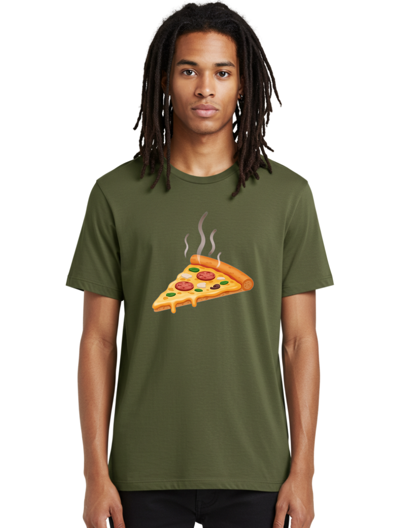 Pizza-Slice-25 Men'S Graphic Tee, 100% Cotton, Comfortable Casual Summer Wear, Machine Washable, Hot Pizza Slice, Melted Cheese, Pepperoni, Green Peppers, Olives, Italian Cuisine, Delicious Food, Savory Toppings, Foodie, Pizza Lovers Bac286