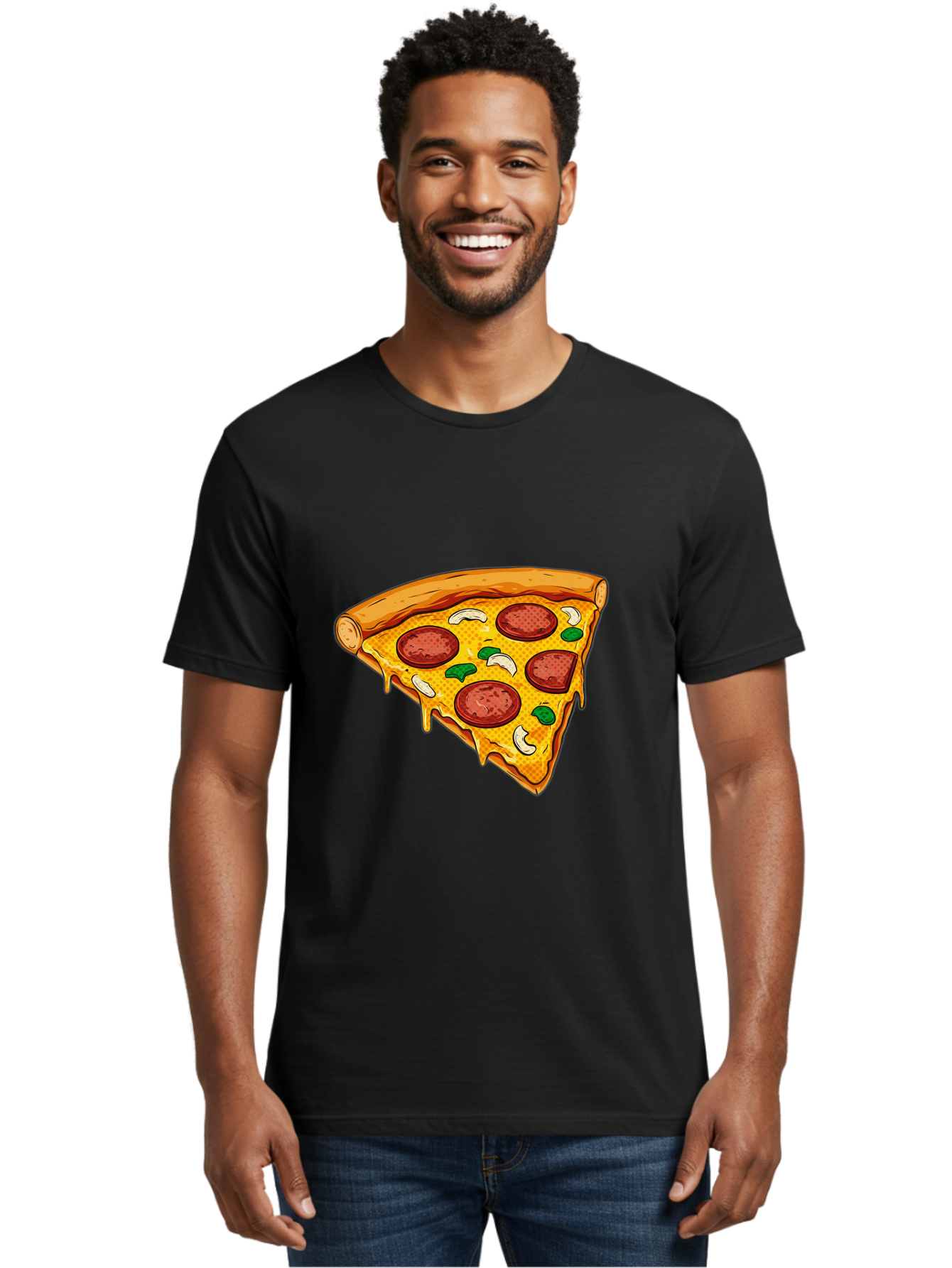 Pizza-Slice-28 Men'S Graphic Tee, 100% Cotton, Comfortable Casual Summer Wear, Machine Washable, Pepperoni Pizza, Melted Cheese, Green Peppers, Cashew Nuts, Italian Food, Cartoon Style, Food Illustration, Tasty Pizza, Savory Toppings, Bac289