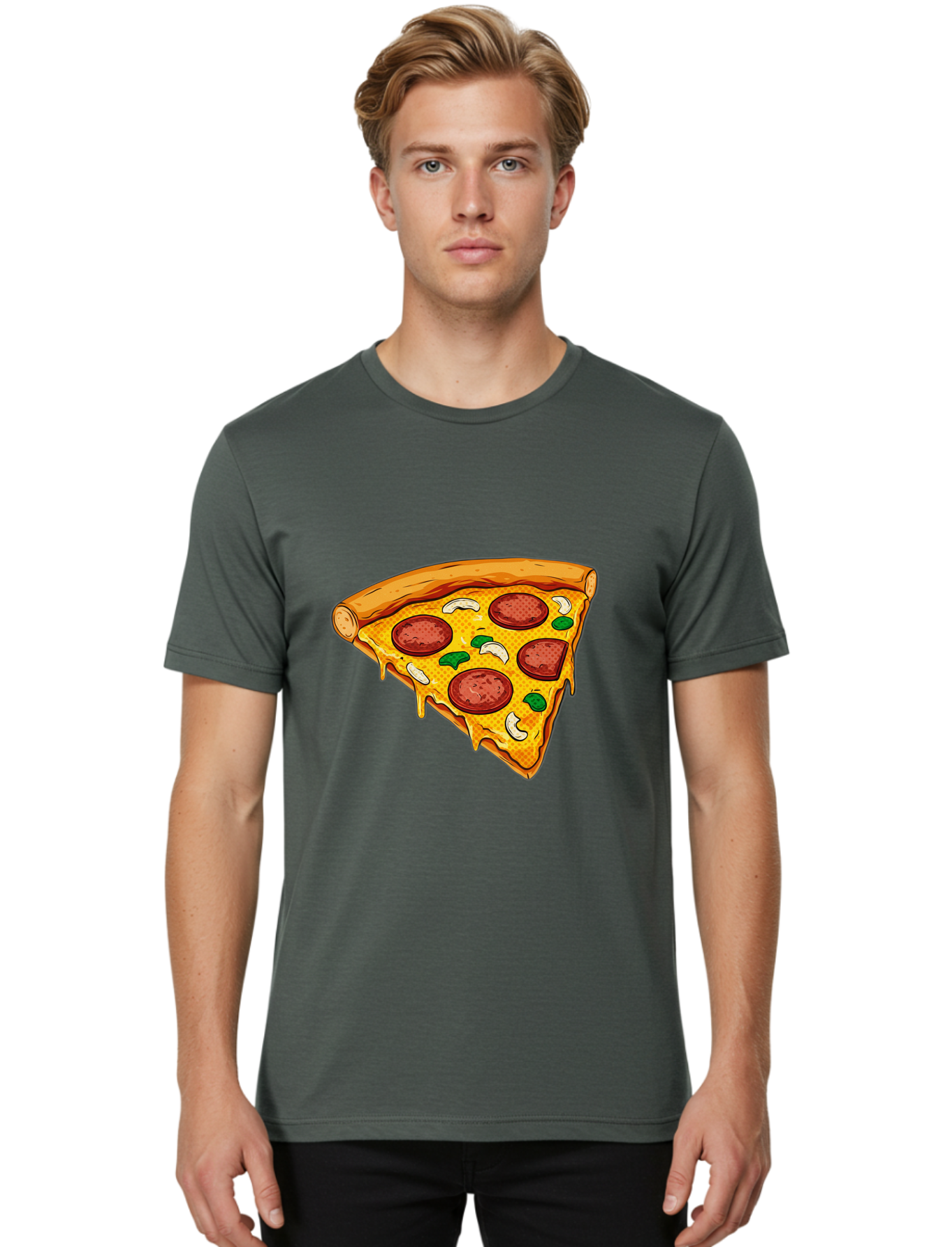 Pizza-Slice-28 Men'S Graphic Tee, 100% Cotton, Comfortable Casual Summer Wear, Machine Washable, Pepperoni Pizza, Melted Cheese, Green Peppers, Cashew Nuts, Italian Food, Cartoon Style, Food Illustration, Tasty Pizza, Savory Toppings, Bac289