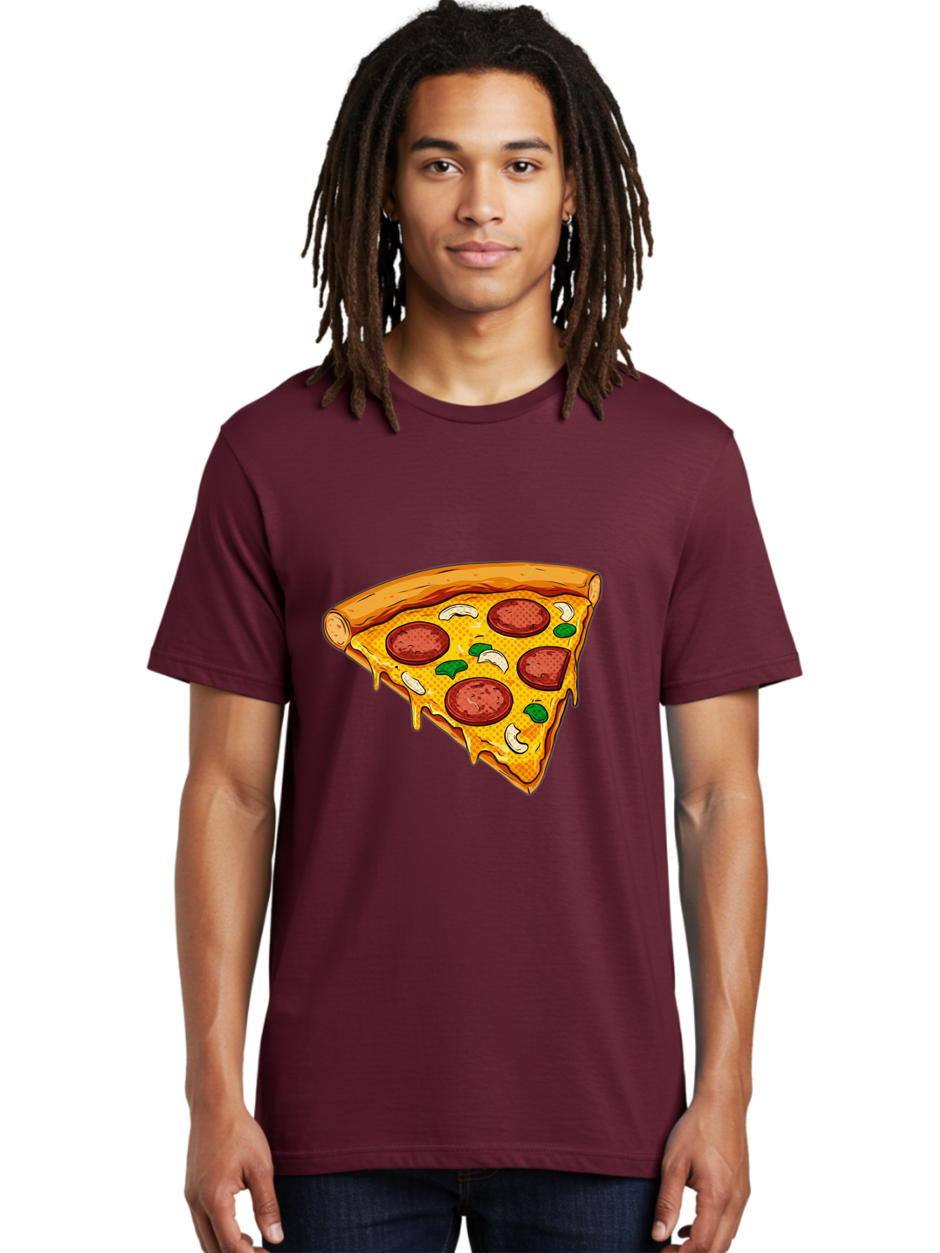 Pizza-Slice-28 Men'S Graphic Tee, 100% Cotton, Comfortable Casual Summer Wear, Machine Washable, Pepperoni Pizza, Melted Cheese, Green Peppers, Cashew Nuts, Italian Food, Cartoon Style, Food Illustration, Tasty Pizza, Savory Toppings, Bac289