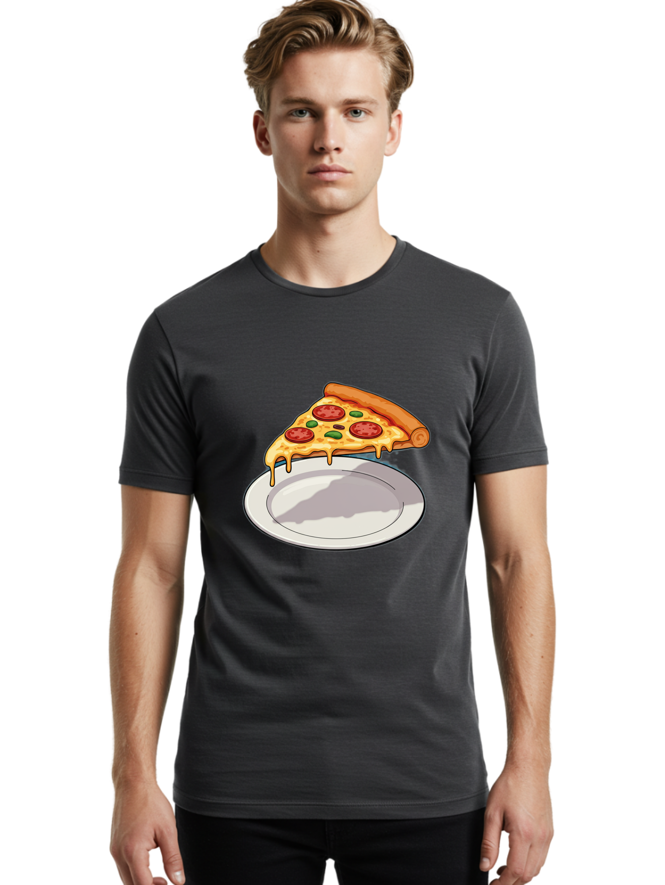 Pizza-Slice-30 Men'S Graphic Tee, 100% Cotton, Comfortable Casual Summer Wear, Machine Washable, Pizza Slice On A Plate, Gooey Cheese, Tomato Sauce, Basil Leaves, Italian Food, Delicious Meal, Appetizing Dish, Savory Flavors Bac292