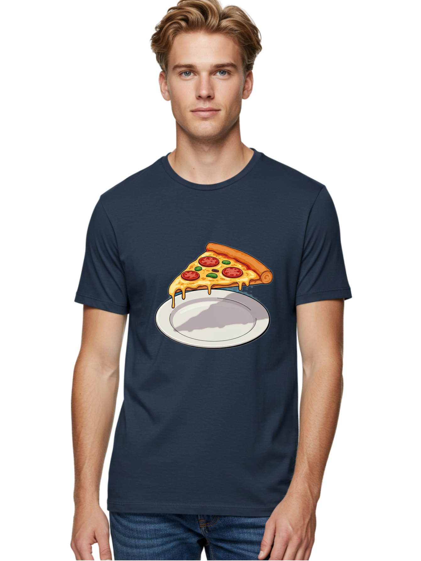 Pizza-Slice-30 Men'S Graphic Tee, 100% Cotton, Comfortable Casual Summer Wear, Machine Washable, Pizza Slice On A Plate, Gooey Cheese, Tomato Sauce, Basil Leaves, Italian Food, Delicious Meal, Appetizing Dish, Savory Flavors Bac292