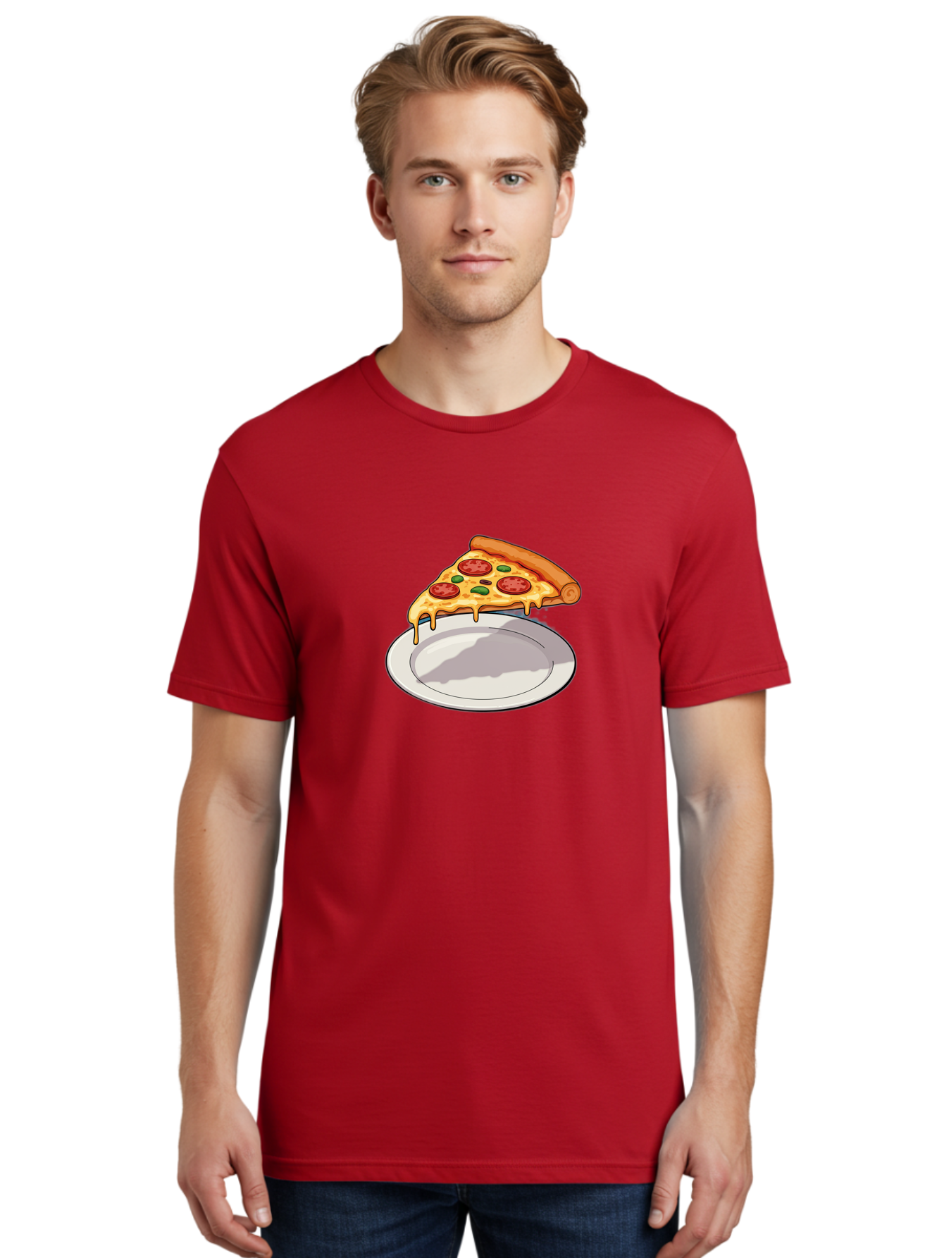 Pizza-Slice-30 Men'S Graphic Tee, 100% Cotton, Comfortable Casual Summer Wear, Machine Washable, Pizza Slice On A Plate, Gooey Cheese, Tomato Sauce, Basil Leaves, Italian Food, Delicious Meal, Appetizing Dish, Savory Flavors Bac292