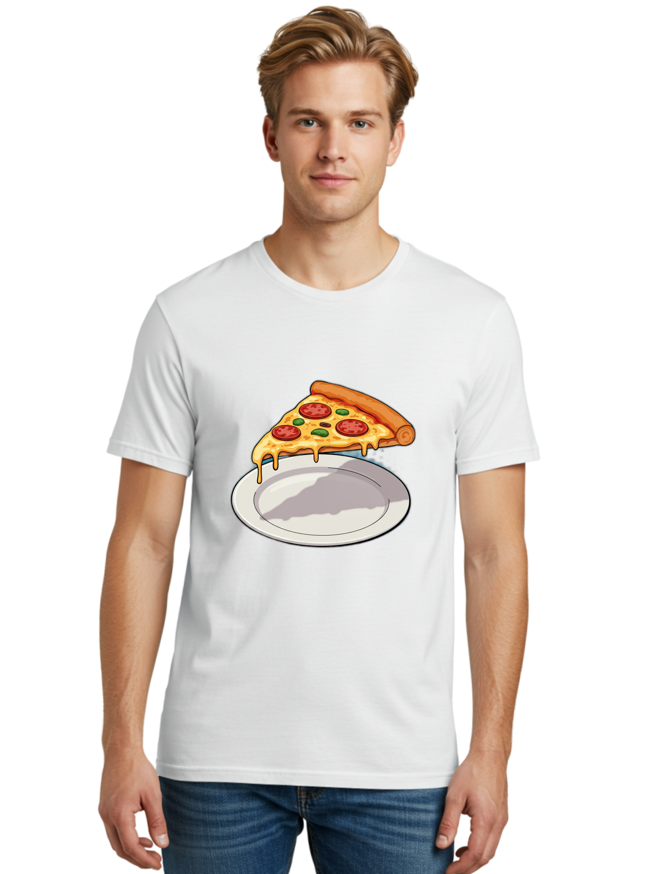 Pizza-Slice-30 Men'S Graphic Tee, 100% Cotton, Comfortable Casual Summer Wear, Machine Washable, Pizza Slice On A Plate, Gooey Cheese, Tomato Sauce, Basil Leaves, Italian Food, Delicious Meal, Appetizing Dish, Savory Flavors Bac292