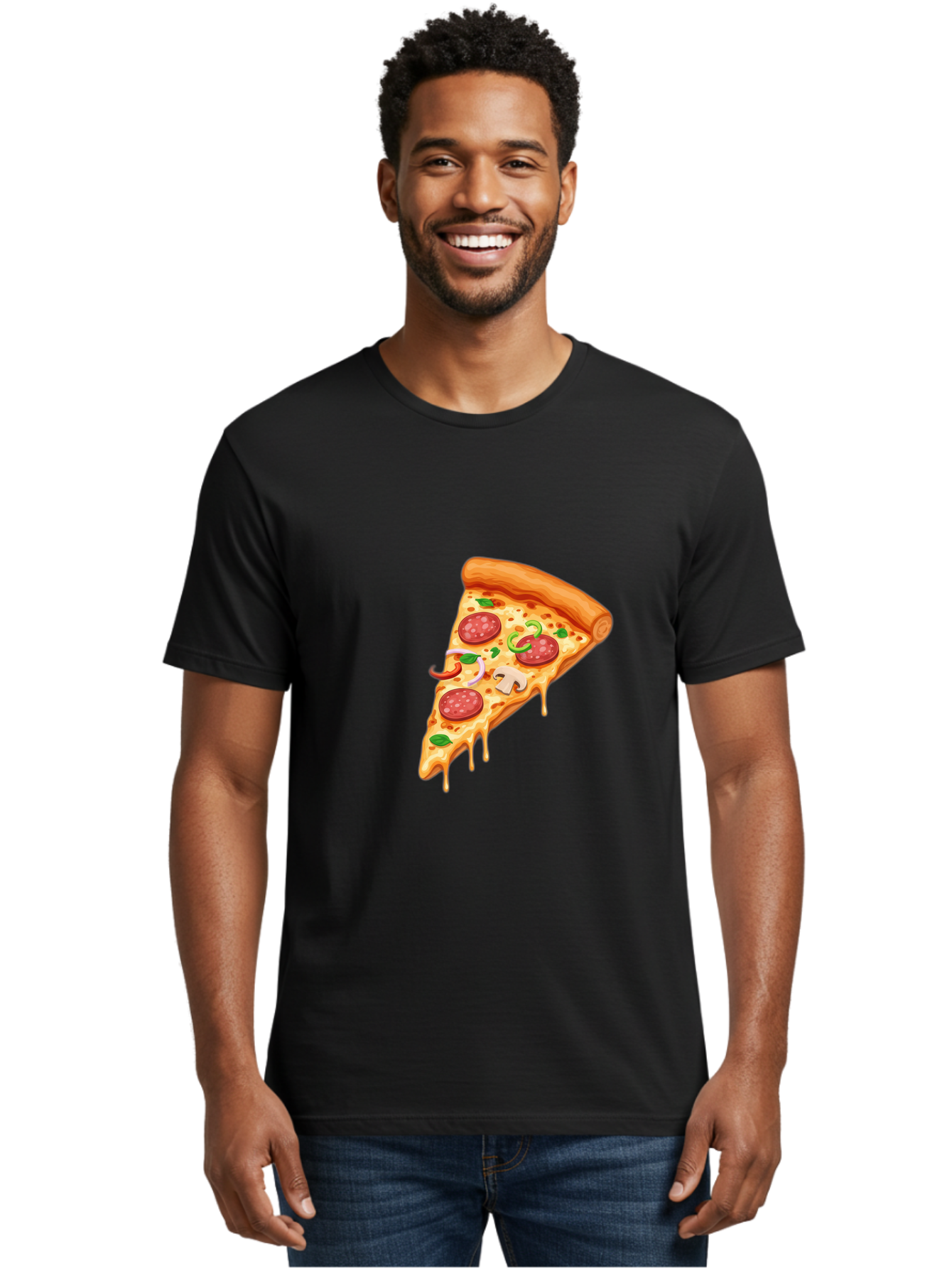 Pizza-Slice-31 Men'S Graphic Tee, 100% Cotton, Comfortable Casual Summer Wear, Machine Washable, Pepperoni Pizza Slice, Melted Cheese, Pepperoni Slices, Mushroom, Green Peppers, Italian Cuisine, Food Illustration, Cartoon Style Bac293