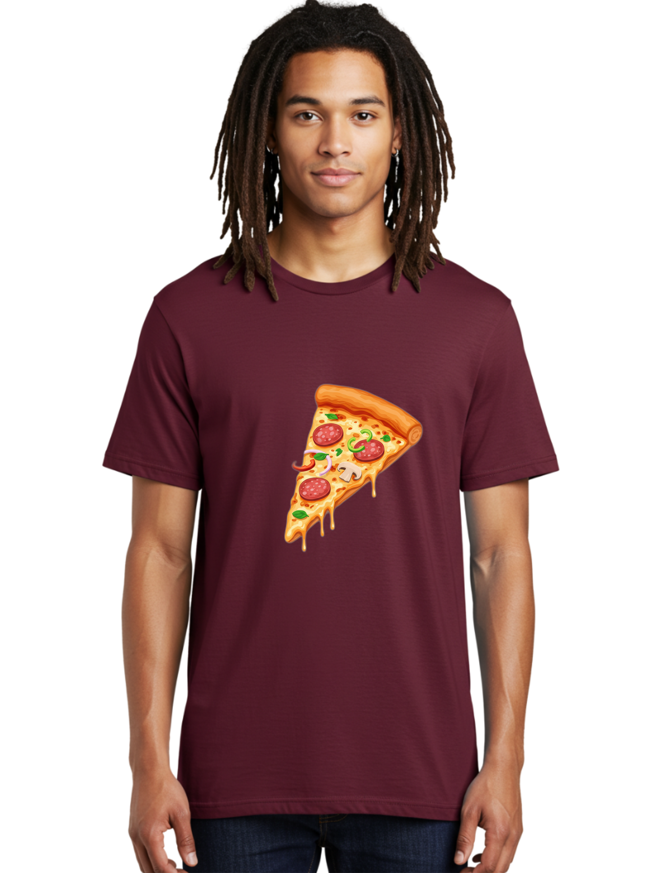Pizza-Slice-31 Men'S Graphic Tee, 100% Cotton, Comfortable Casual Summer Wear, Machine Washable, Pepperoni Pizza Slice, Melted Cheese, Pepperoni Slices, Mushroom, Green Peppers, Italian Cuisine, Food Illustration, Cartoon Style Bac293