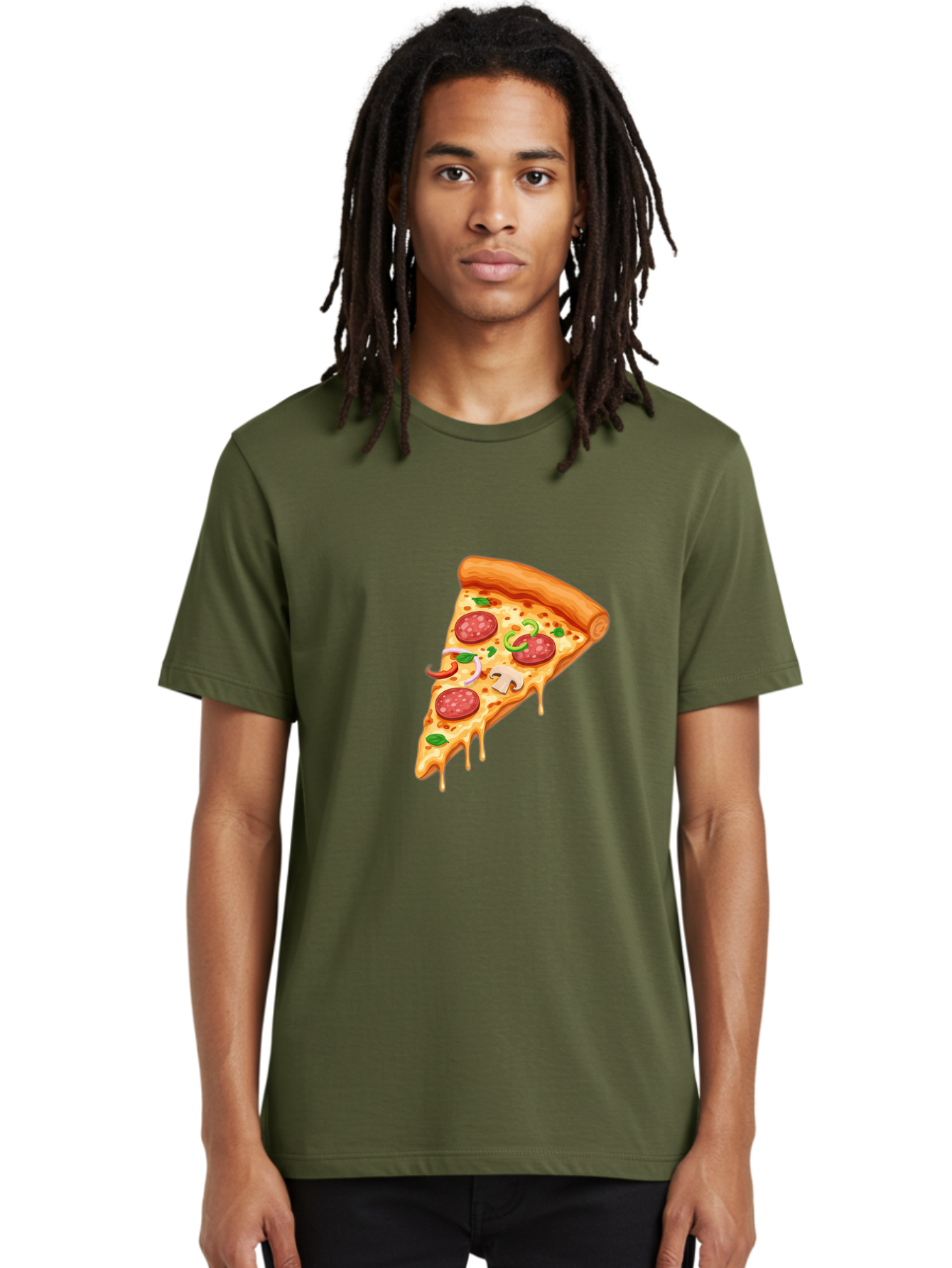 Pizza-Slice-31 Men'S Graphic Tee, 100% Cotton, Comfortable Casual Summer Wear, Machine Washable, Pepperoni Pizza Slice, Melted Cheese, Pepperoni Slices, Mushroom, Green Peppers, Italian Cuisine, Food Illustration, Cartoon Style Bac293