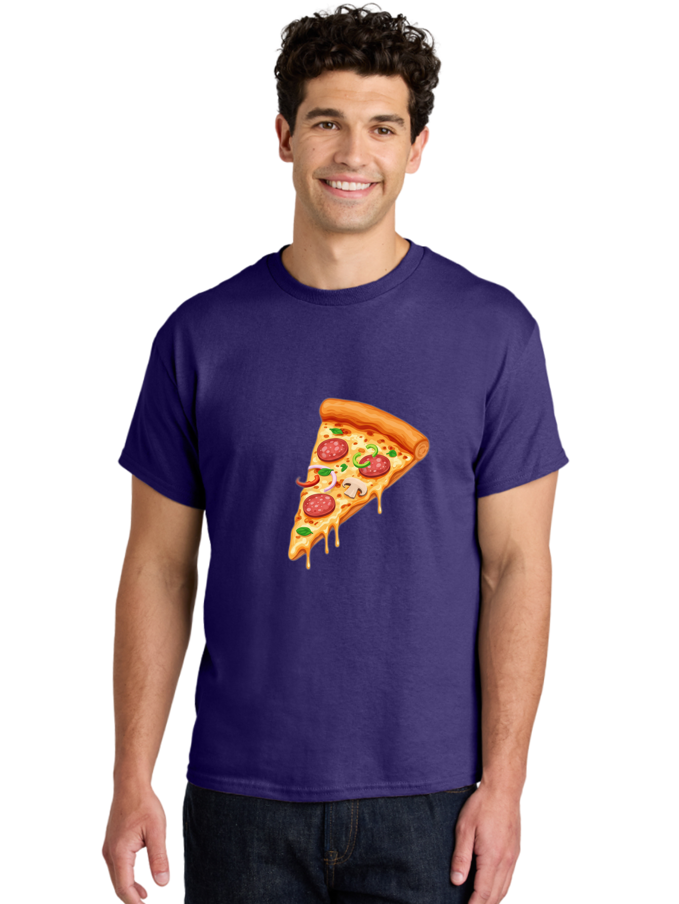 Pizza-Slice-31 Men'S Graphic Tee, 100% Cotton, Comfortable Casual Summer Wear, Machine Washable, Pepperoni Pizza Slice, Melted Cheese, Pepperoni Slices, Mushroom, Green Peppers, Italian Cuisine, Food Illustration, Cartoon Style Bac293