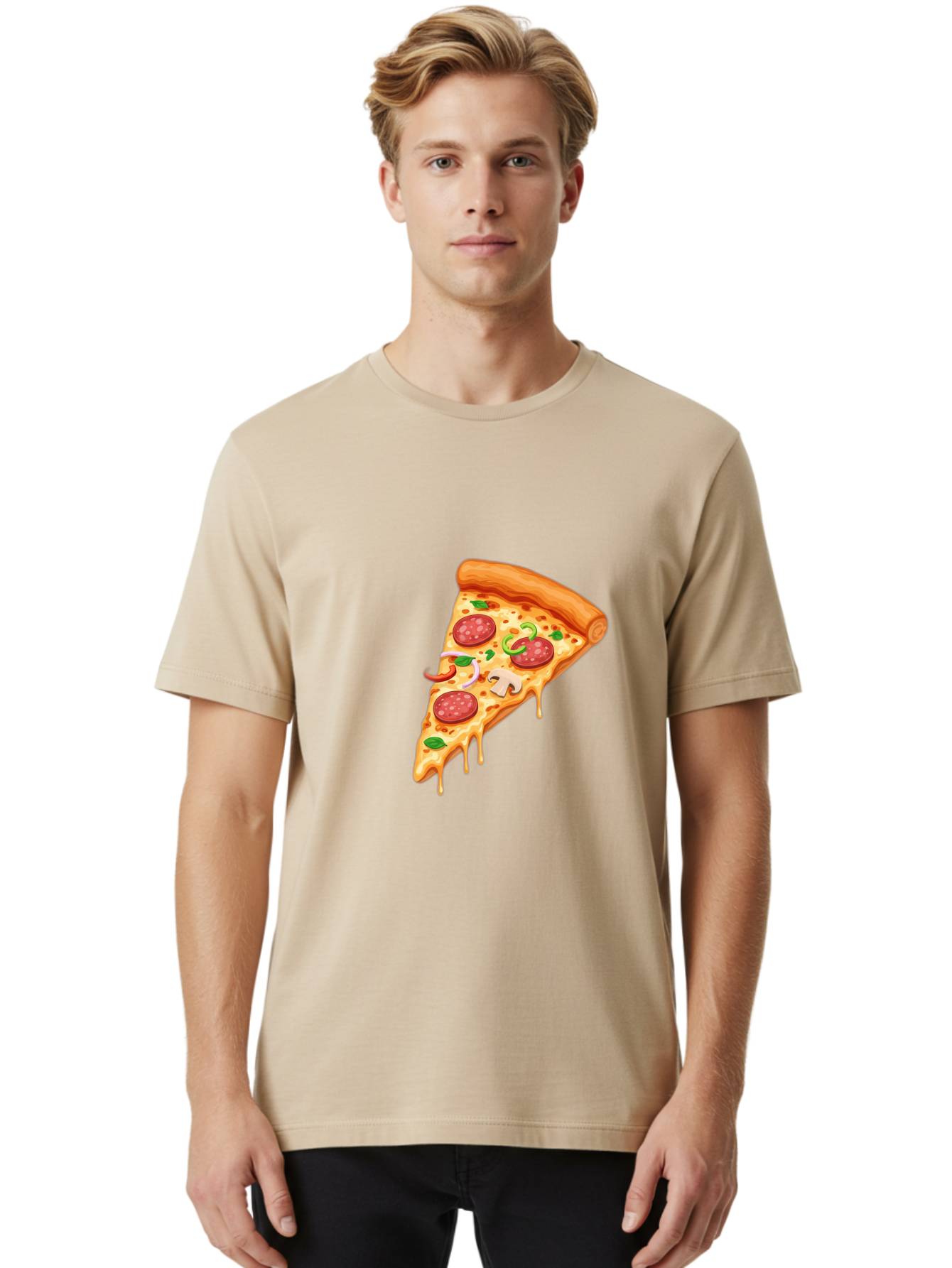 Pizza-Slice-31 Men'S Graphic Tee, 100% Cotton, Comfortable Casual Summer Wear, Machine Washable, Pepperoni Pizza Slice, Melted Cheese, Pepperoni Slices, Mushroom, Green Peppers, Italian Cuisine, Food Illustration, Cartoon Style Bac293