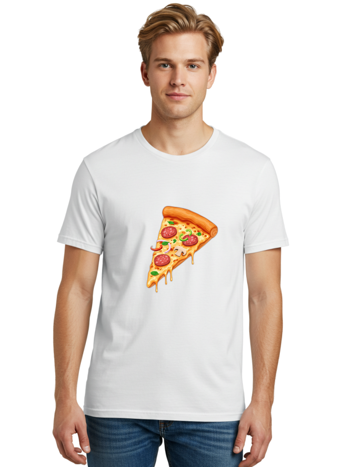 Pizza-Slice-31 Men'S Graphic Tee, 100% Cotton, Comfortable Casual Summer Wear, Machine Washable, Pepperoni Pizza Slice, Melted Cheese, Pepperoni Slices, Mushroom, Green Peppers, Italian Cuisine, Food Illustration, Cartoon Style Bac293