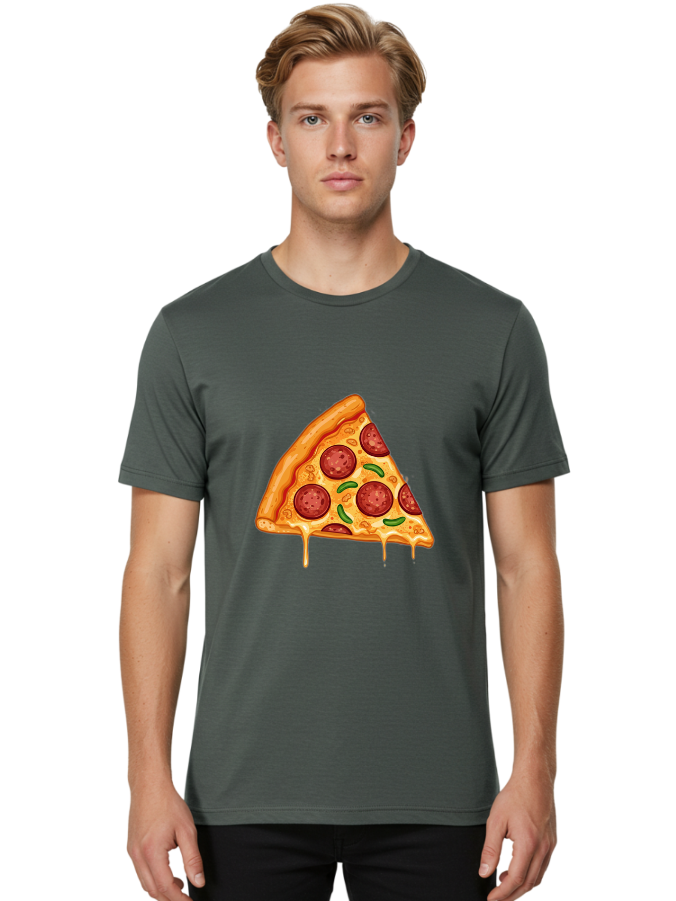 Pizza-Slice-32 Men'S Graphic Tee, 100% Cotton, Comfortable Casual Summer Wear, Machine Washable, Pepperoni Pizza Slice, Cheesy Goodness, Melted Cheese, Pepperoni Toppings, Jalapeno Slices, Italian Cuisine, Delicious Food, Savory Flavors, Bac294