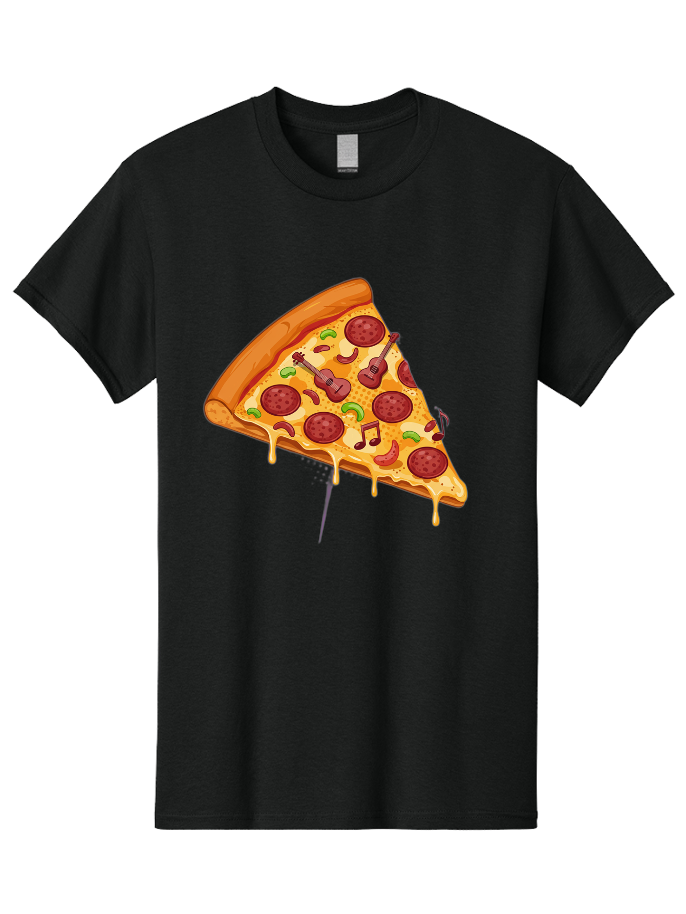 Pizza-Slice-33 Men'S Graphic Tee, 100% Cotton, Comfortable Casual Summer Wear, Machine Washable, Pizza Slice, Pepperoni Pizza, Cheese Pizza, Guitar Toppings, Music Notes, Cartoon Style, Playful Food, Whimsical Design, Cheesy Goodness, Bac295