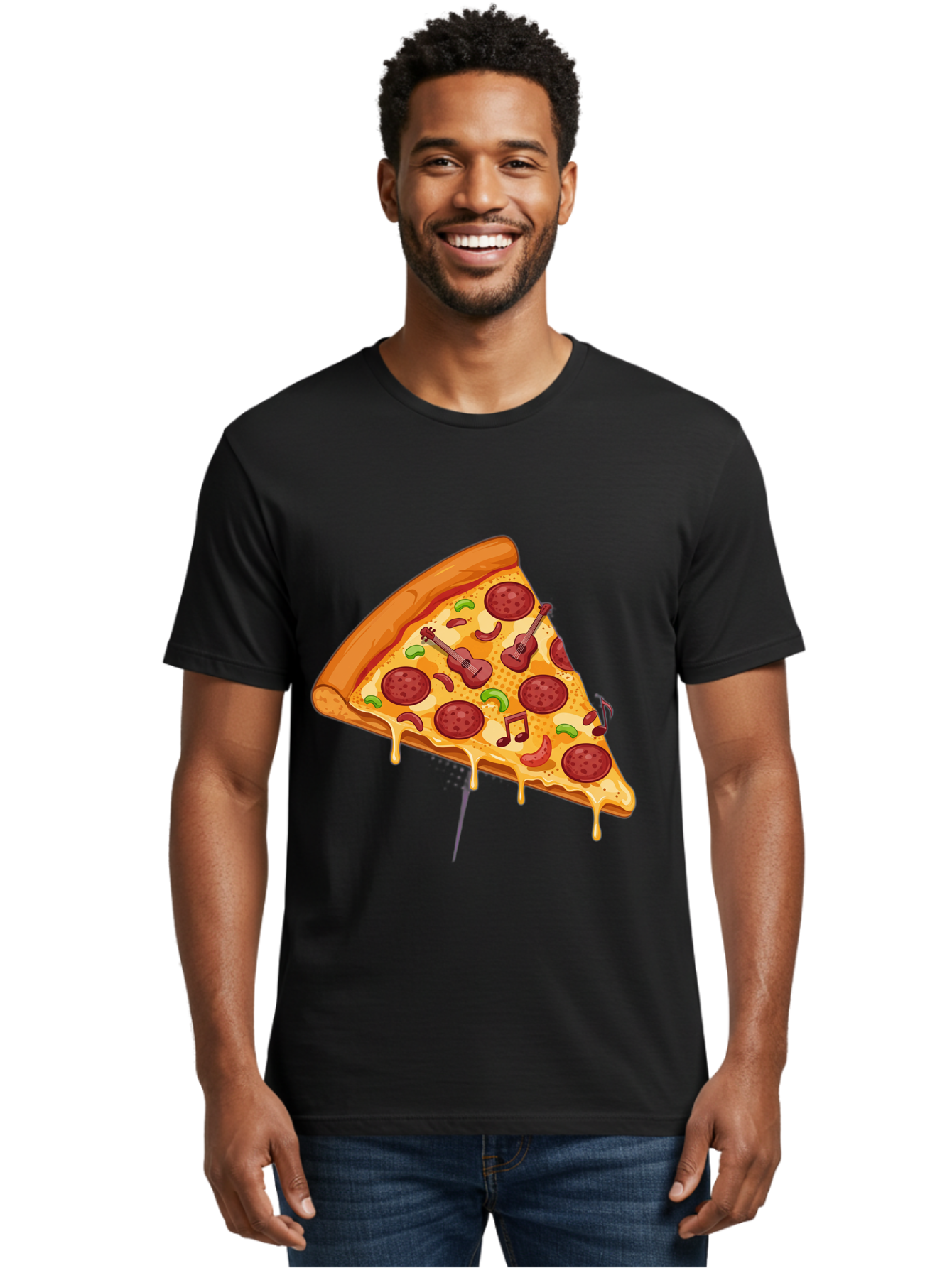 Pizza-Slice-33 Men'S Graphic Tee, 100% Cotton, Comfortable Casual Summer Wear, Machine Washable, Pizza Slice, Pepperoni Pizza, Cheese Pizza, Guitar Toppings, Music Notes, Cartoon Style, Playful Food, Whimsical Design, Cheesy Goodness, Bac295