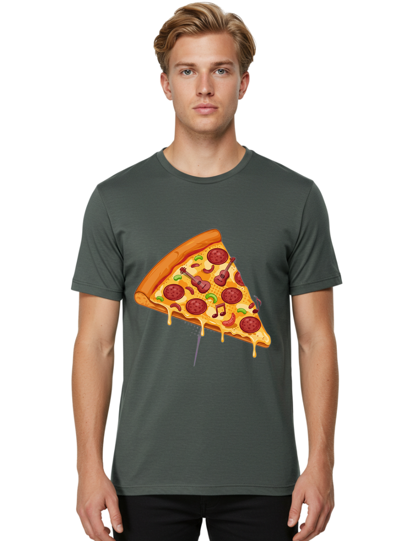 Pizza-Slice-33 Men'S Graphic Tee, 100% Cotton, Comfortable Casual Summer Wear, Machine Washable, Pizza Slice, Pepperoni Pizza, Cheese Pizza, Guitar Toppings, Music Notes, Cartoon Style, Playful Food, Whimsical Design, Cheesy Goodness, Bac295