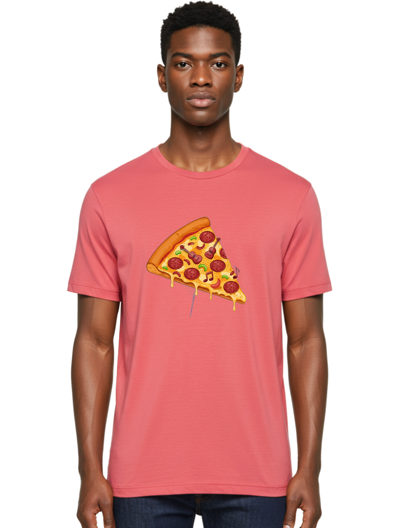 Pizza-Slice-33 Men'S Graphic Tee, 100% Cotton, Comfortable Casual Summer Wear, Machine Washable, Pizza Slice, Pepperoni Pizza, Cheese Pizza, Guitar Toppings, Music Notes, Cartoon Style, Playful Food, Whimsical Design, Cheesy Goodness, Bac295