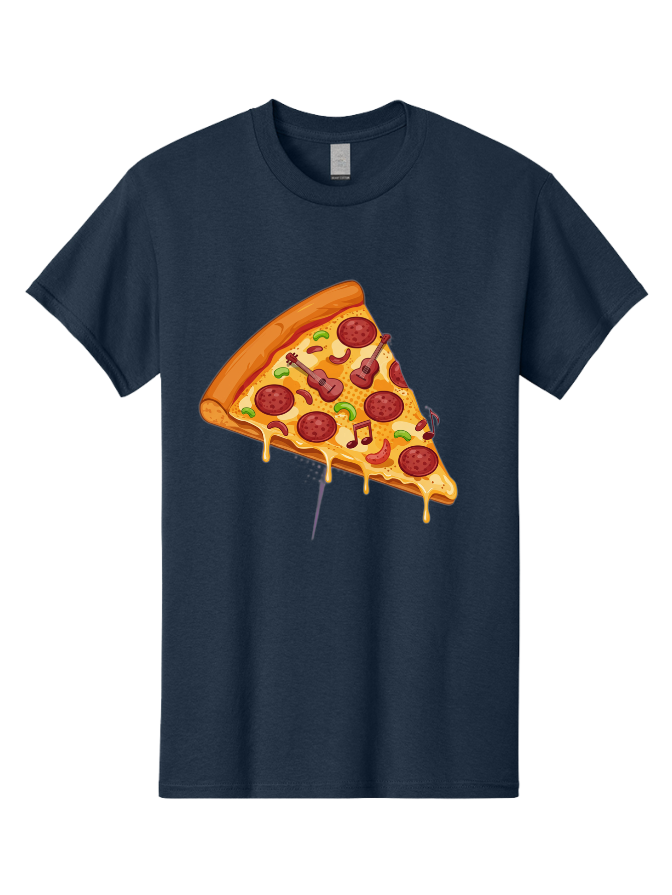 Pizza-Slice-33 Men'S Graphic Tee, 100% Cotton, Comfortable Casual Summer Wear, Machine Washable, Pizza Slice, Pepperoni Pizza, Cheese Pizza, Guitar Toppings, Music Notes, Cartoon Style, Playful Food, Whimsical Design, Cheesy Goodness, Bac295