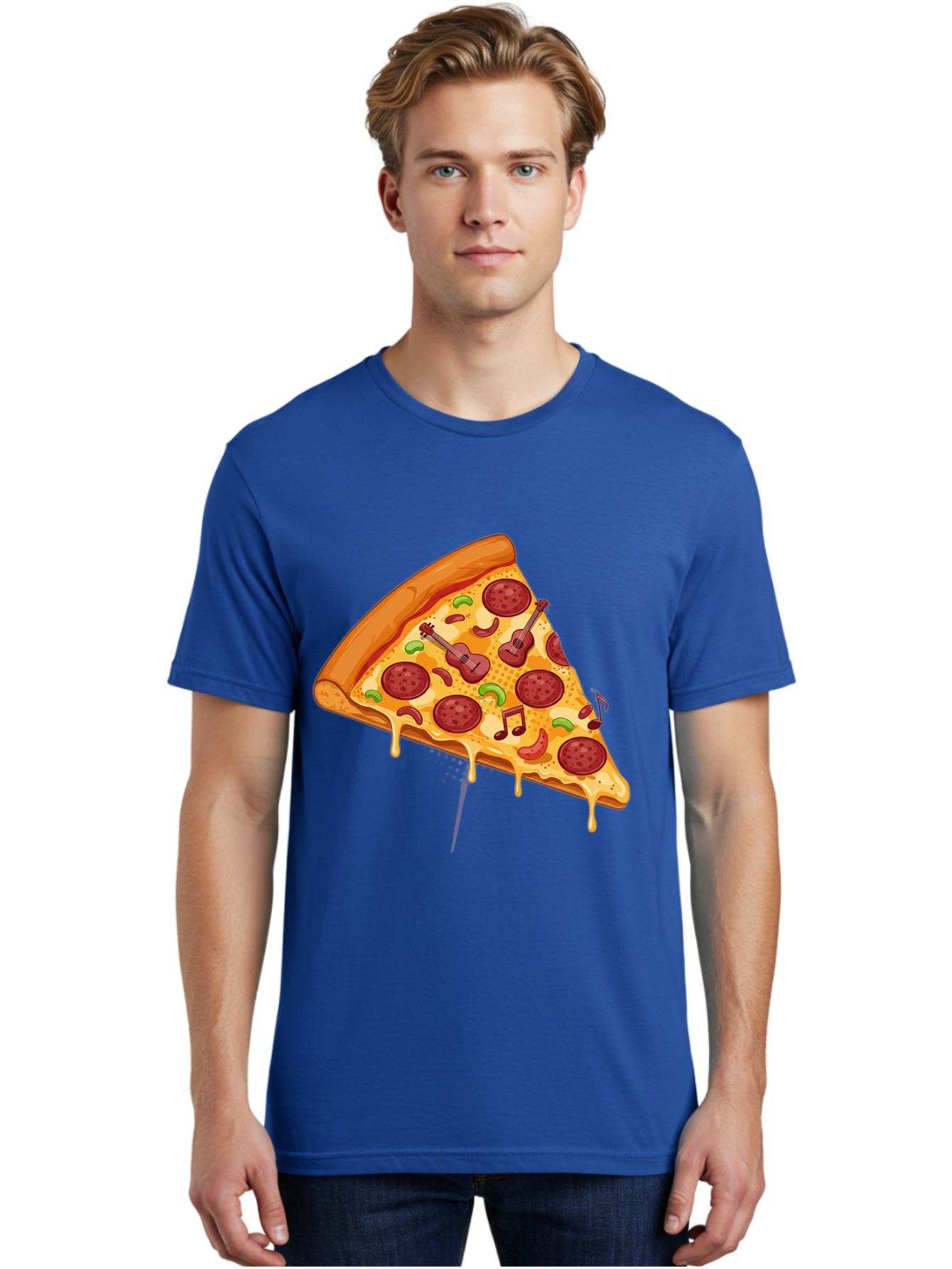 Pizza-Slice-33 Men'S Graphic Tee, 100% Cotton, Comfortable Casual Summer Wear, Machine Washable, Pizza Slice, Pepperoni Pizza, Cheese Pizza, Guitar Toppings, Music Notes, Cartoon Style, Playful Food, Whimsical Design, Cheesy Goodness, Bac295
