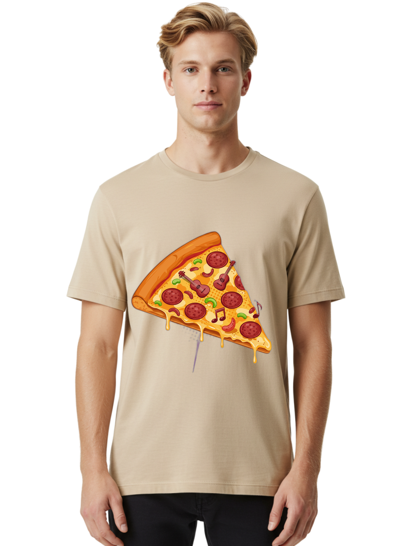 Pizza-Slice-33 Men'S Graphic Tee, 100% Cotton, Comfortable Casual Summer Wear, Machine Washable, Pizza Slice, Pepperoni Pizza, Cheese Pizza, Guitar Toppings, Music Notes, Cartoon Style, Playful Food, Whimsical Design, Cheesy Goodness, Bac295