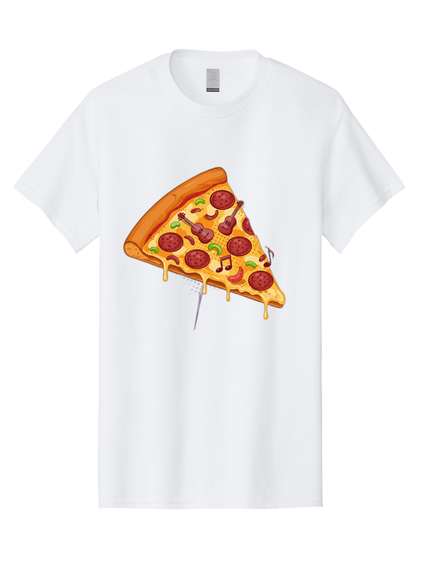 Pizza-Slice-33 Men'S Graphic Tee, 100% Cotton, Comfortable Casual Summer Wear, Machine Washable, Pizza Slice, Pepperoni Pizza, Cheese Pizza, Guitar Toppings, Music Notes, Cartoon Style, Playful Food, Whimsical Design, Cheesy Goodness, Bac295