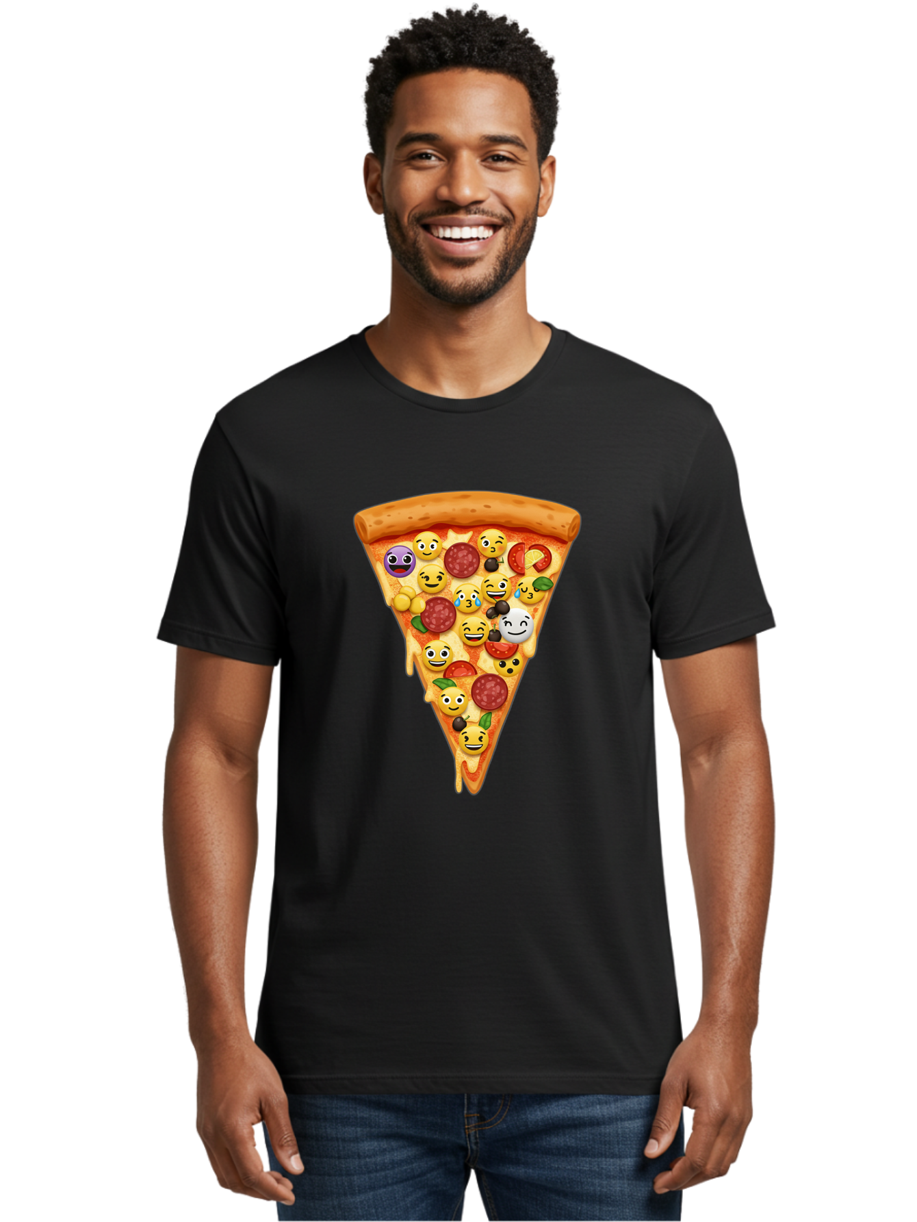 Pizza-Slice-35 Men'S Graphic Tee, 100% Cotton, Comfortable Casual Summer Wear, Machine Washable, Pizza Slice, Emoji Toppings, Pepperoni, Black Olives, Melted Cheese, Funny Emojis, Cartoon Pizza, Tasty Pizza, Foodie Fun, Pizza Love, Bac297