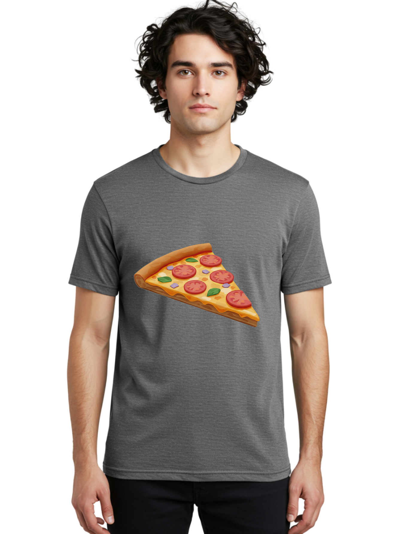 Pizza-Slice-4 Men'S Graphic Tee, 100% Cotton, Comfortable Casual Summer Wear, Machine Washable, Pizza Slice, Tomato Slices, Basil Leaves, Garlic, Melted Cheese, Crispy Crust, Italian Cuisine, Delicious Food, Savory Flavors Bac298