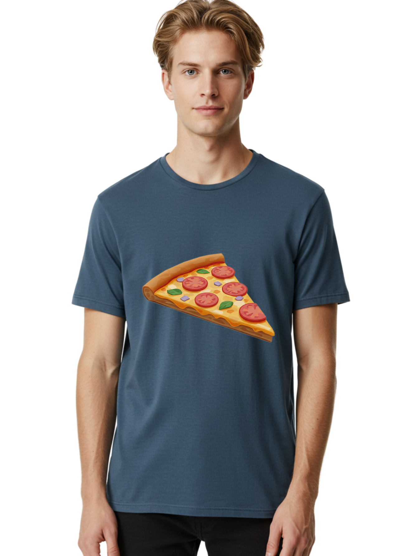 Pizza-Slice-4 Men'S Graphic Tee, 100% Cotton, Comfortable Casual Summer Wear, Machine Washable, Pizza Slice, Tomato Slices, Basil Leaves, Garlic, Melted Cheese, Crispy Crust, Italian Cuisine, Delicious Food, Savory Flavors Bac298