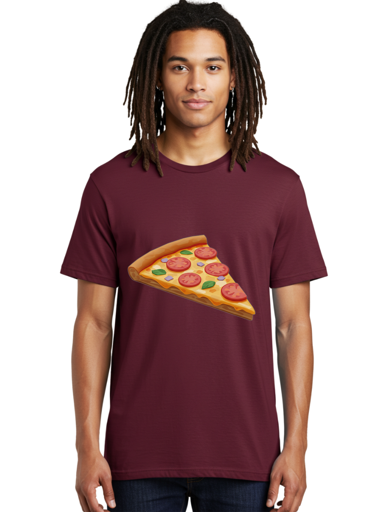Pizza-Slice-4 Men'S Graphic Tee, 100% Cotton, Comfortable Casual Summer Wear, Machine Washable, Pizza Slice, Tomato Slices, Basil Leaves, Garlic, Melted Cheese, Crispy Crust, Italian Cuisine, Delicious Food, Savory Flavors Bac298