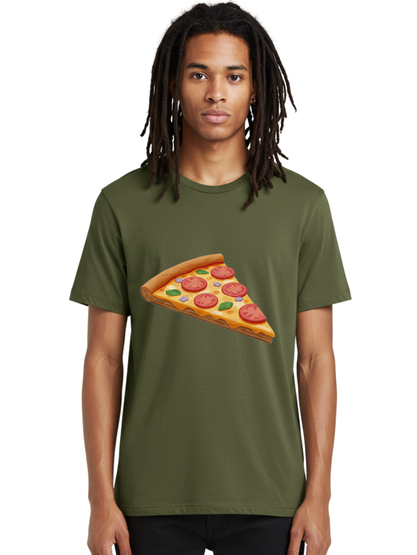 Pizza-Slice-4 Men'S Graphic Tee, 100% Cotton, Comfortable Casual Summer Wear, Machine Washable, Pizza Slice, Tomato Slices, Basil Leaves, Garlic, Melted Cheese, Crispy Crust, Italian Cuisine, Delicious Food, Savory Flavors Bac298