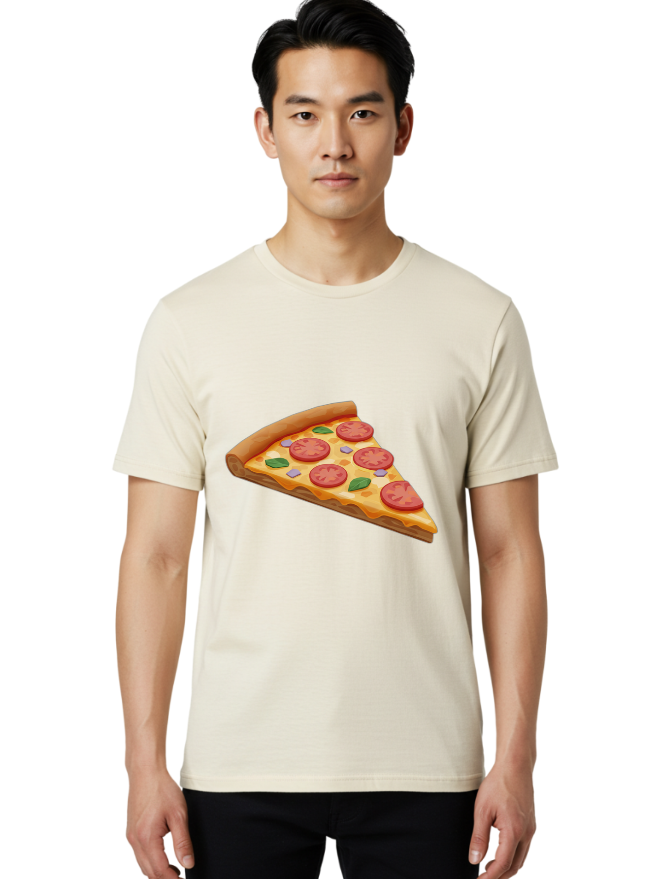 Pizza-Slice-4 Men'S Graphic Tee, 100% Cotton, Comfortable Casual Summer Wear, Machine Washable, Pizza Slice, Tomato Slices, Basil Leaves, Garlic, Melted Cheese, Crispy Crust, Italian Cuisine, Delicious Food, Savory Flavors Bac298