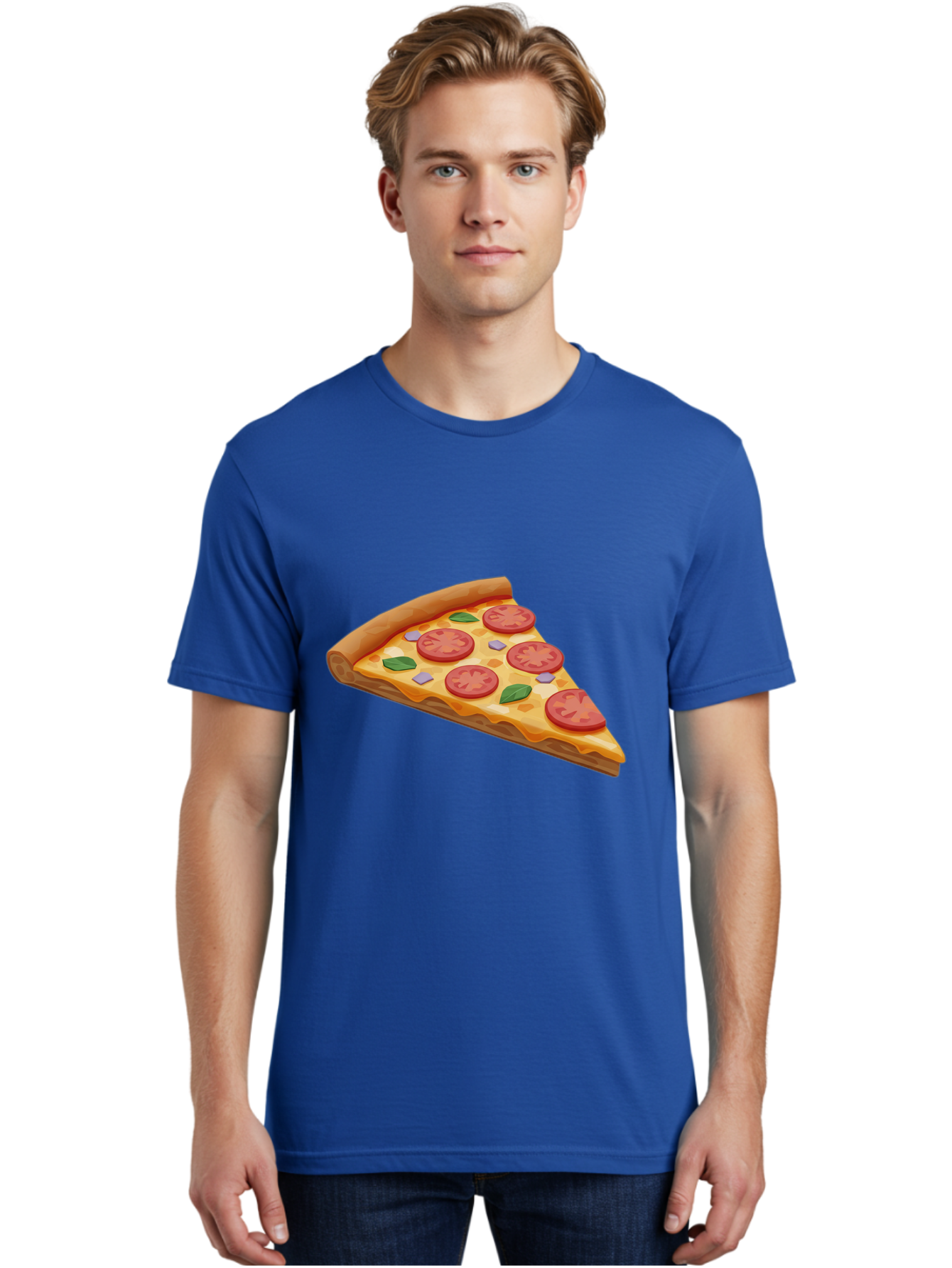Pizza-Slice-4 Men'S Graphic Tee, 100% Cotton, Comfortable Casual Summer Wear, Machine Washable, Pizza Slice, Tomato Slices, Basil Leaves, Garlic, Melted Cheese, Crispy Crust, Italian Cuisine, Delicious Food, Savory Flavors Bac298