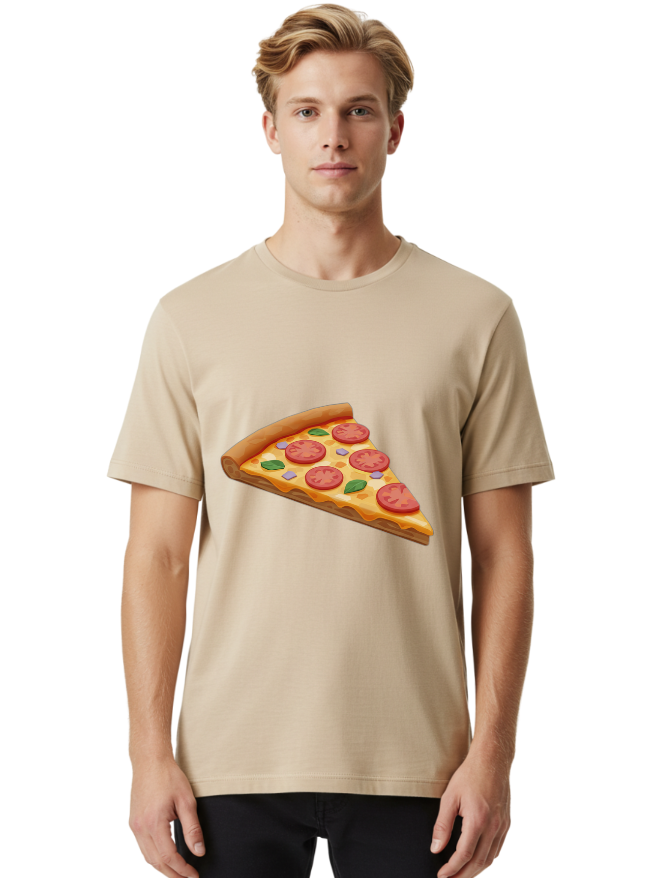 Pizza-Slice-4 Men'S Graphic Tee, 100% Cotton, Comfortable Casual Summer Wear, Machine Washable, Pizza Slice, Tomato Slices, Basil Leaves, Garlic, Melted Cheese, Crispy Crust, Italian Cuisine, Delicious Food, Savory Flavors Bac298