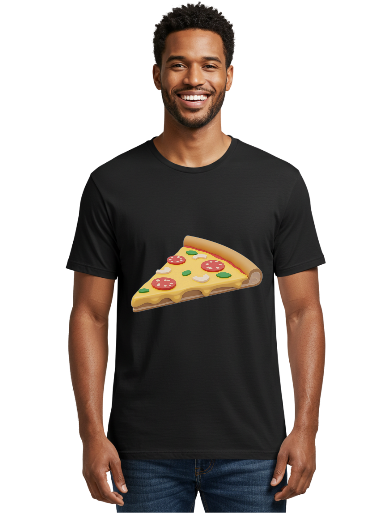 Pizza-Slice-5 Men'S Graphic Tee, 100% Cotton, Comfortable Casual Summer Wear, Machine Washable, Pizza Slice, Pepperoni Pizza, Melted Cheese, Green Peppers, White Onions, Italian Food, Dinner Ideas, Food Graphics, 3D Illustration, Pizza Topping Bac299