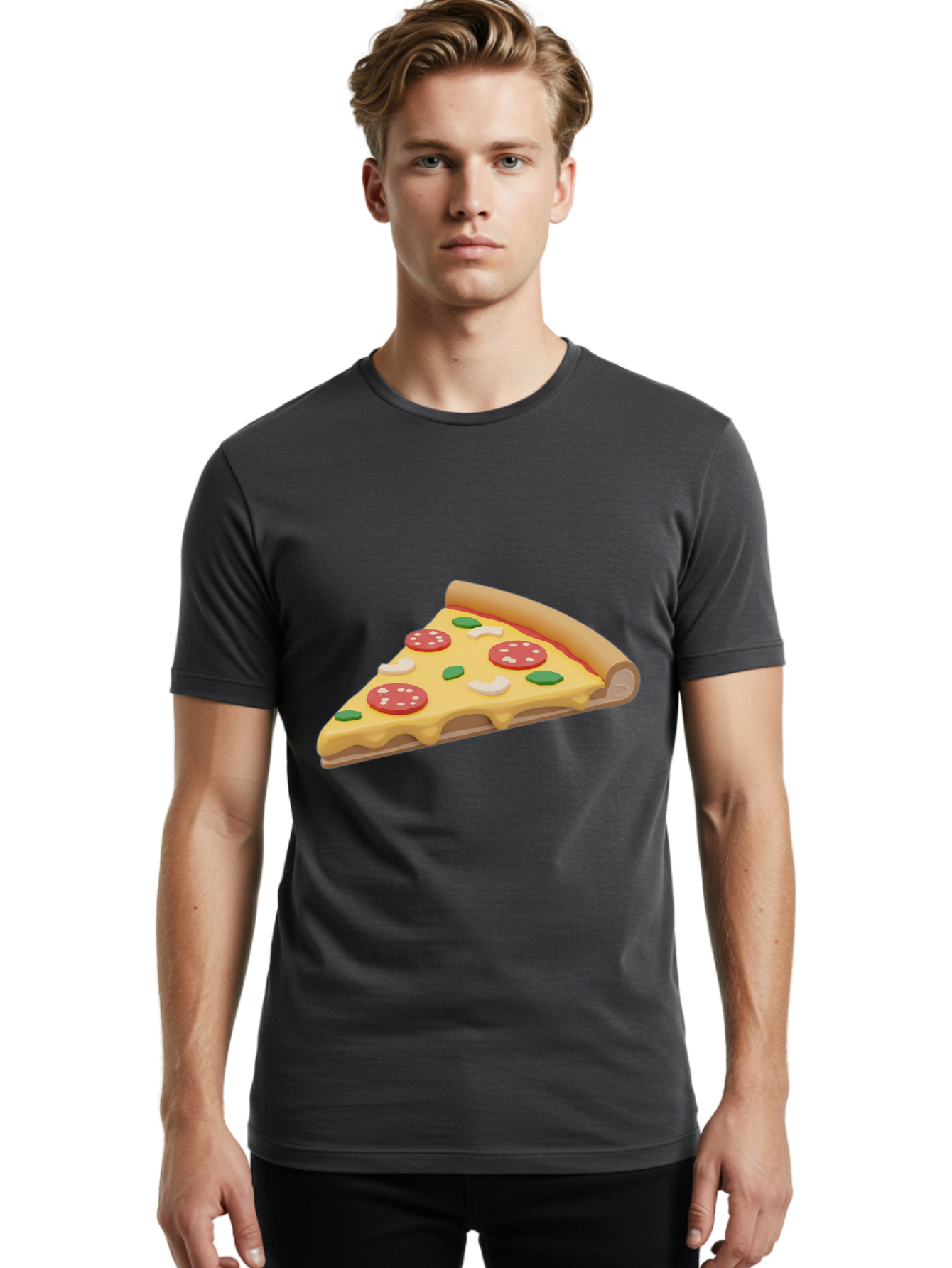 Pizza-Slice-5 Men'S Graphic Tee, 100% Cotton, Comfortable Casual Summer Wear, Machine Washable, Pizza Slice, Pepperoni Pizza, Melted Cheese, Green Peppers, White Onions, Italian Food, Dinner Ideas, Food Graphics, 3D Illustration, Pizza Topping Bac299