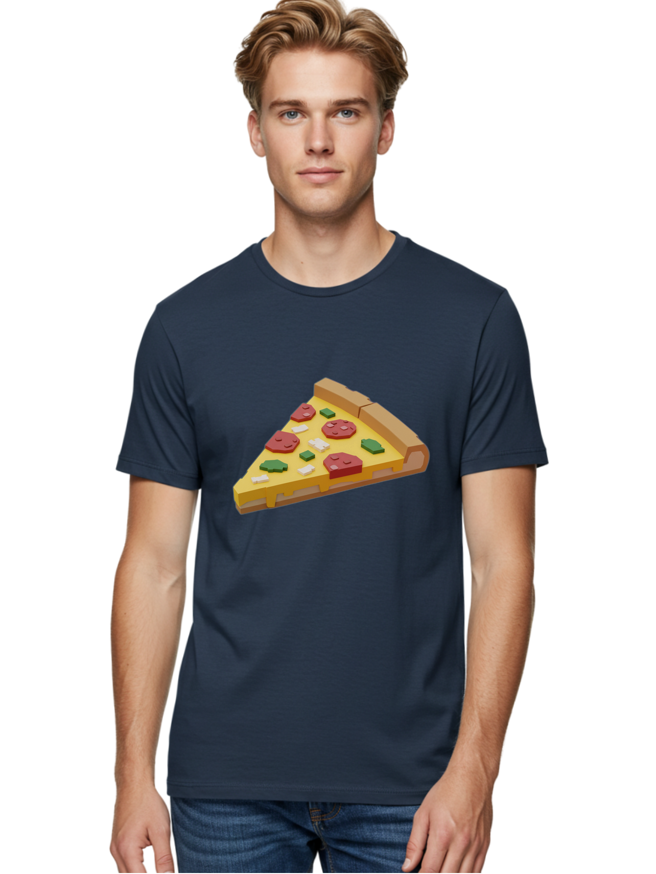 Pizza-Slice-7 Men'S Graphic Tee, 100% Cotton, Comfortable Casual Summer Wear, Machine Washable, 3D Pizza Slice, Cartoon-Style, Pepperoni, Green Peppers, Cheese, Crispy Crust, Tasty Toppings, Digital Art Bac301