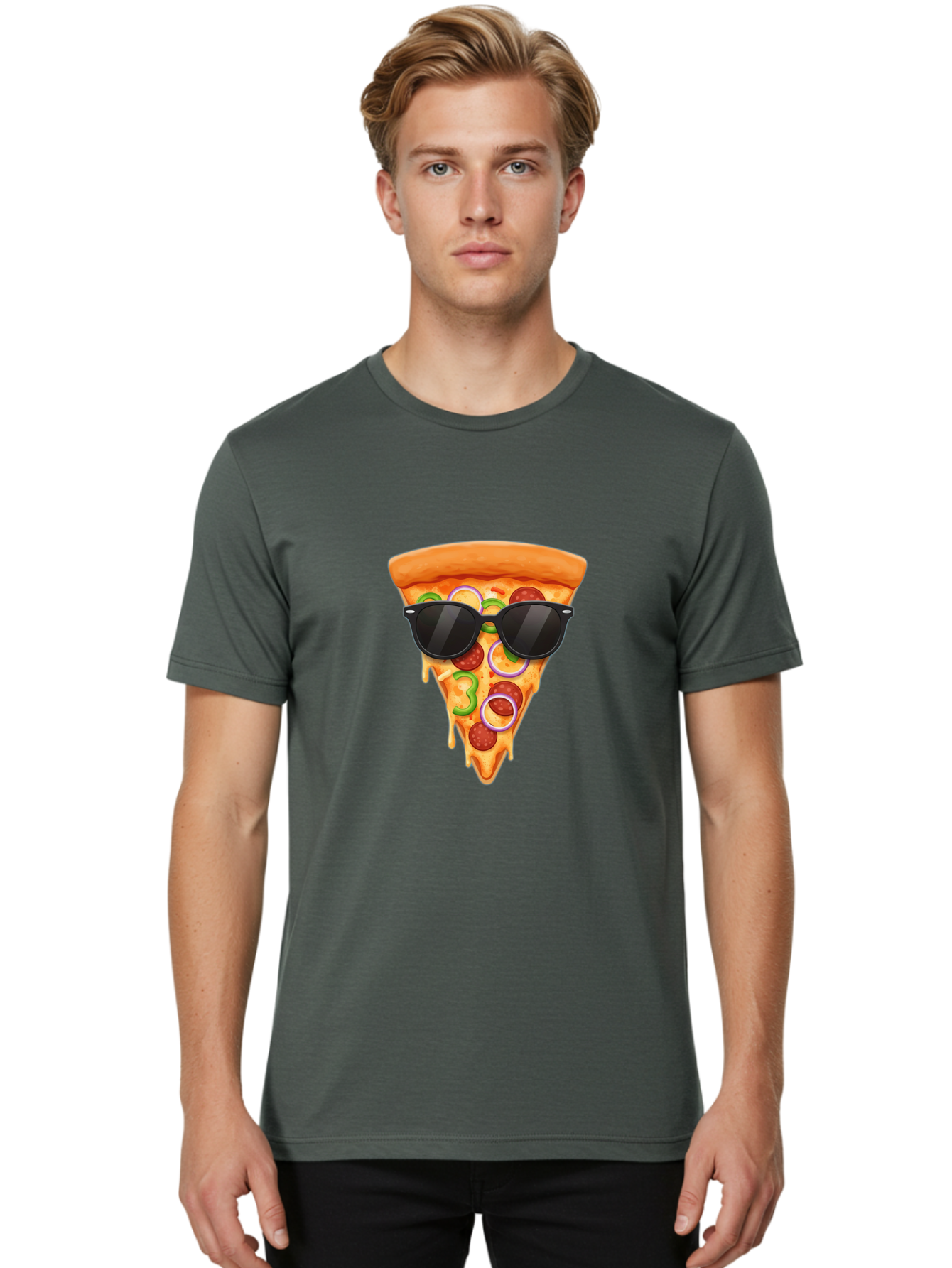 Pizza-Slice-Sunglasses-1 Men'S Graphic Tee, 100% Cotton, Comfortable Casual Summer Wear, Machine Washable, Pepperoni Pizza Slice, Cheesy Goodness, Melted Cheese, Jalapeno And Onion, Trendy Accessories, Sunglasses, Cool Pizza, Cartoon Pizza, Bac306
