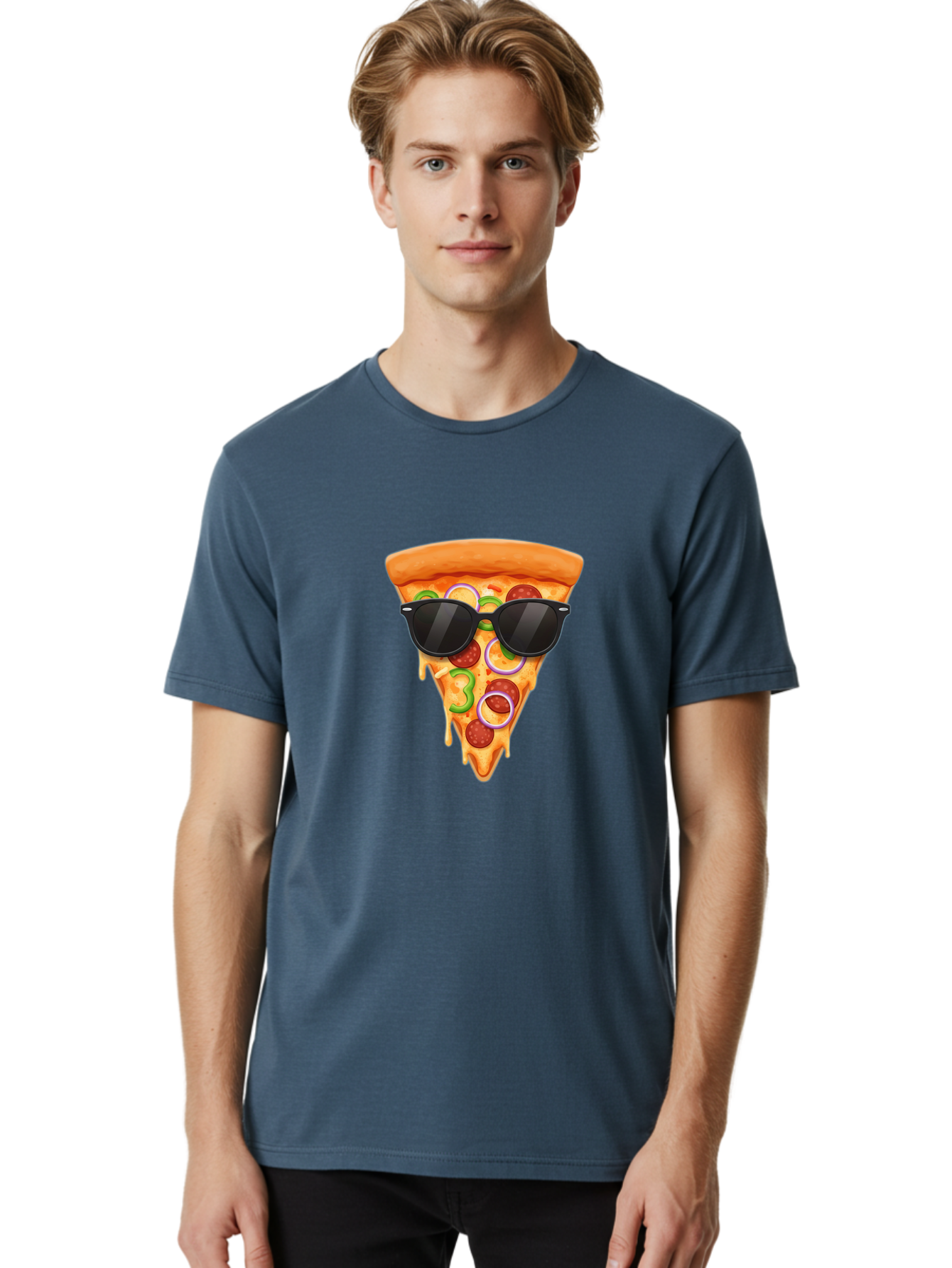 Pizza-Slice-Sunglasses-1 Men'S Graphic Tee, 100% Cotton, Comfortable Casual Summer Wear, Machine Washable, Pepperoni Pizza Slice, Cheesy Goodness, Melted Cheese, Jalapeno And Onion, Trendy Accessories, Sunglasses, Cool Pizza, Cartoon Pizza, Bac306