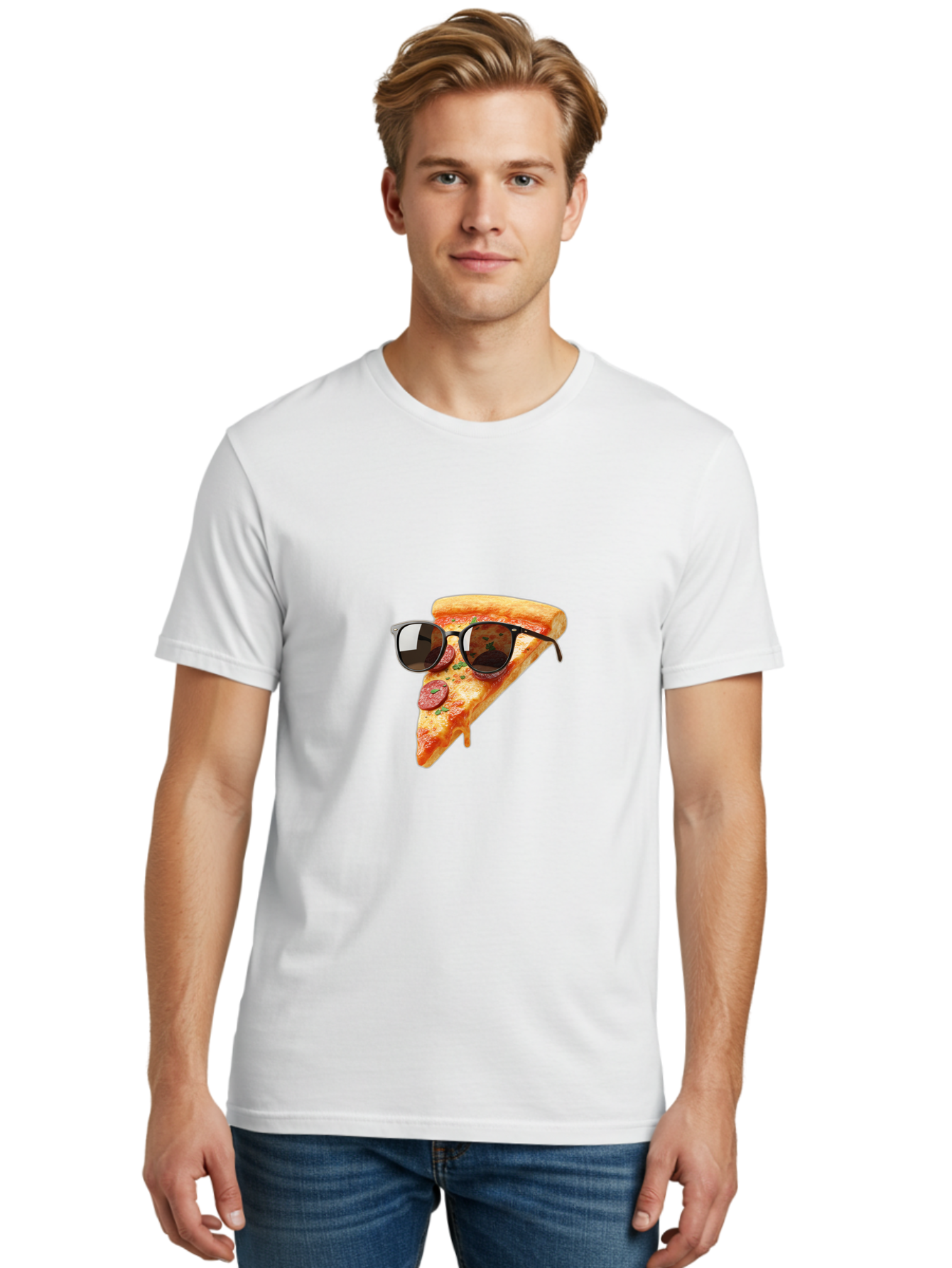 Pizza-Slice-Sunglasses-2 Men'S Graphic Tee, 100% Cotton, Comfortable Casual Summer Wear, Machine Washable, Pizza Slice Wearing Sunglasses, Funny Food, Quirky Humor, Cool Pizza, Sunglasses On Food, Comical Image, Playful Graphics, Bac307