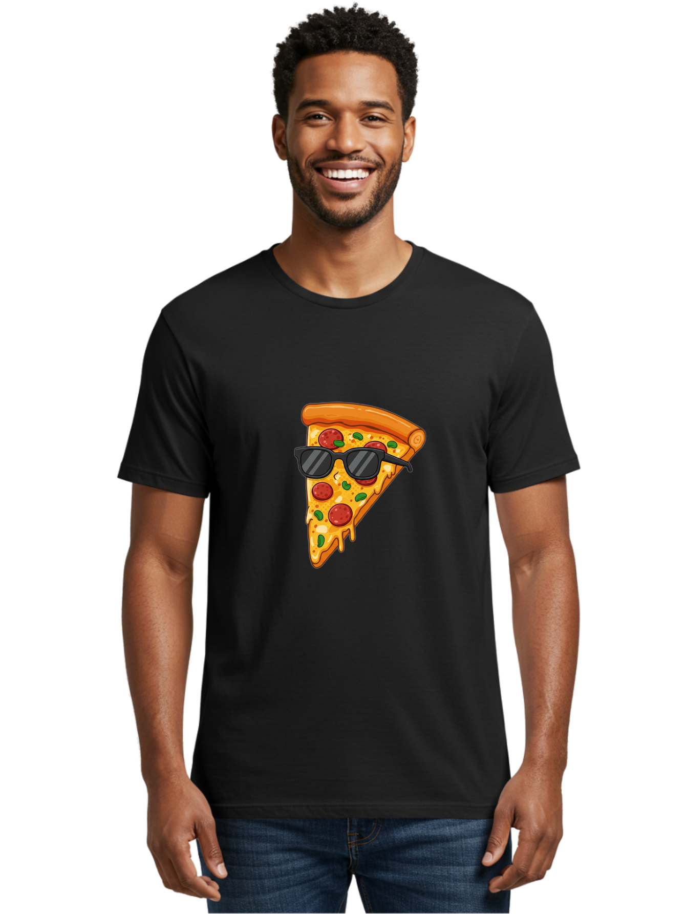 Pizza-Slice-Sunglasses-3 Men'S Graphic Tee, 100% Cotton, Comfortable Casual Summer Wear, Machine Washable, Pizza Slice With Sunglasses, Pepperoni Pizza, Cheesy Goodness, Melted Cheese, Green Peppers, Trendy Food, Fun Illustration, Casual Vibe, Bac308