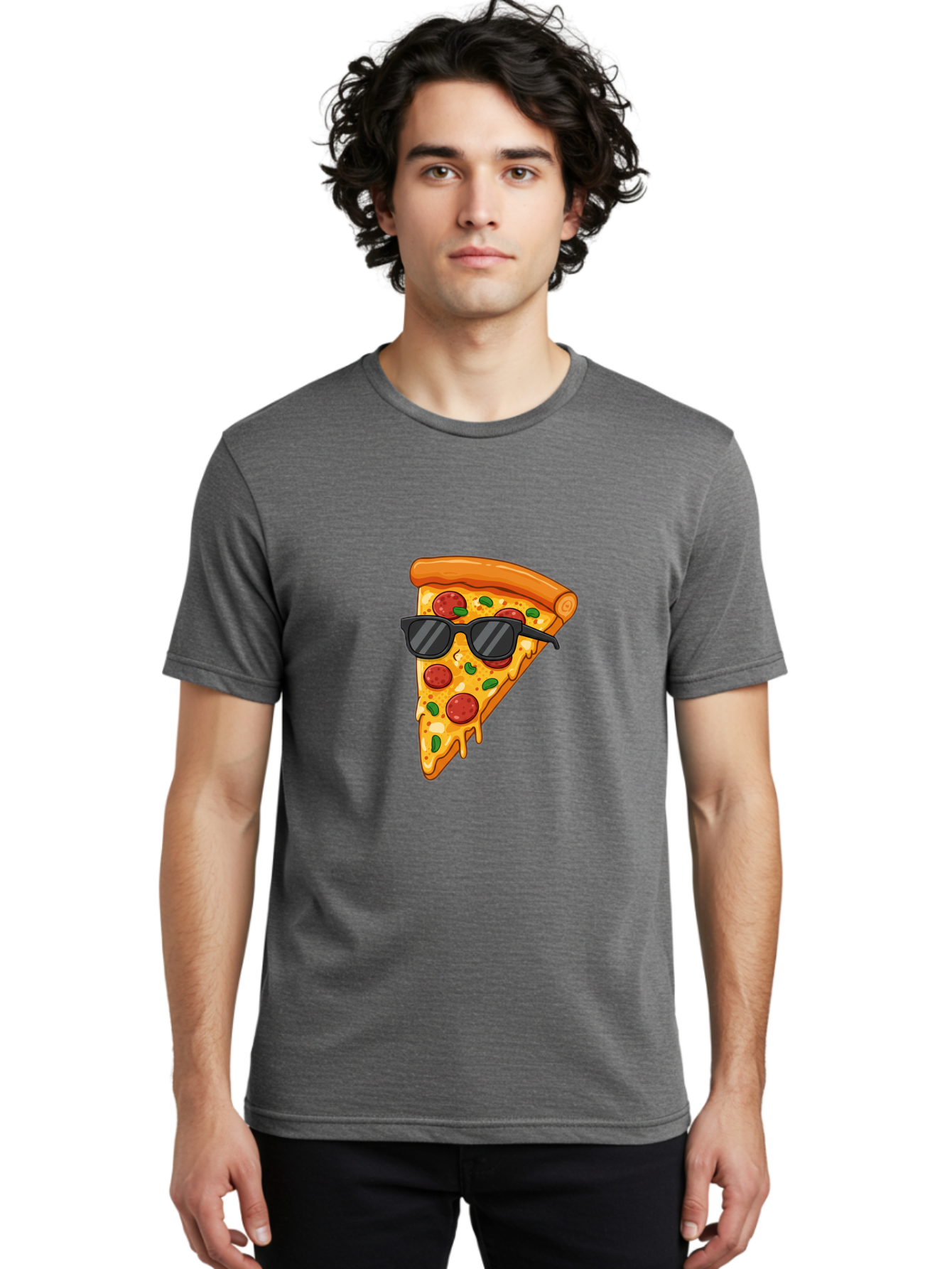 Pizza-Slice-Sunglasses-3 Men'S Graphic Tee, 100% Cotton, Comfortable Casual Summer Wear, Machine Washable, Pizza Slice With Sunglasses, Pepperoni Pizza, Cheesy Goodness, Melted Cheese, Green Peppers, Trendy Food, Fun Illustration, Casual Vibe, Bac308