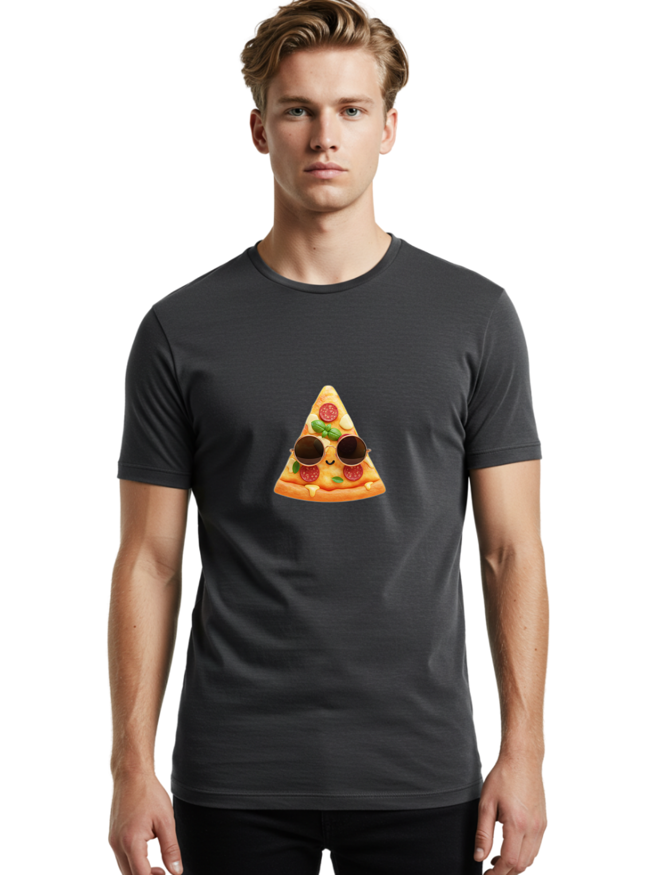 Pizza-Slice-Sunglasses-Emoji Men'S Graphic Tee, 100% Cotton, Comfortable Casual Summer Wear, Machine Washable, Funny Pizza Slice, Cool Sunglasses, Pepperoni Pizza, Cheese Pizza, Happy Face, Cartoon Character, Humorous Graphic, Cheesy Goodness, Bac309