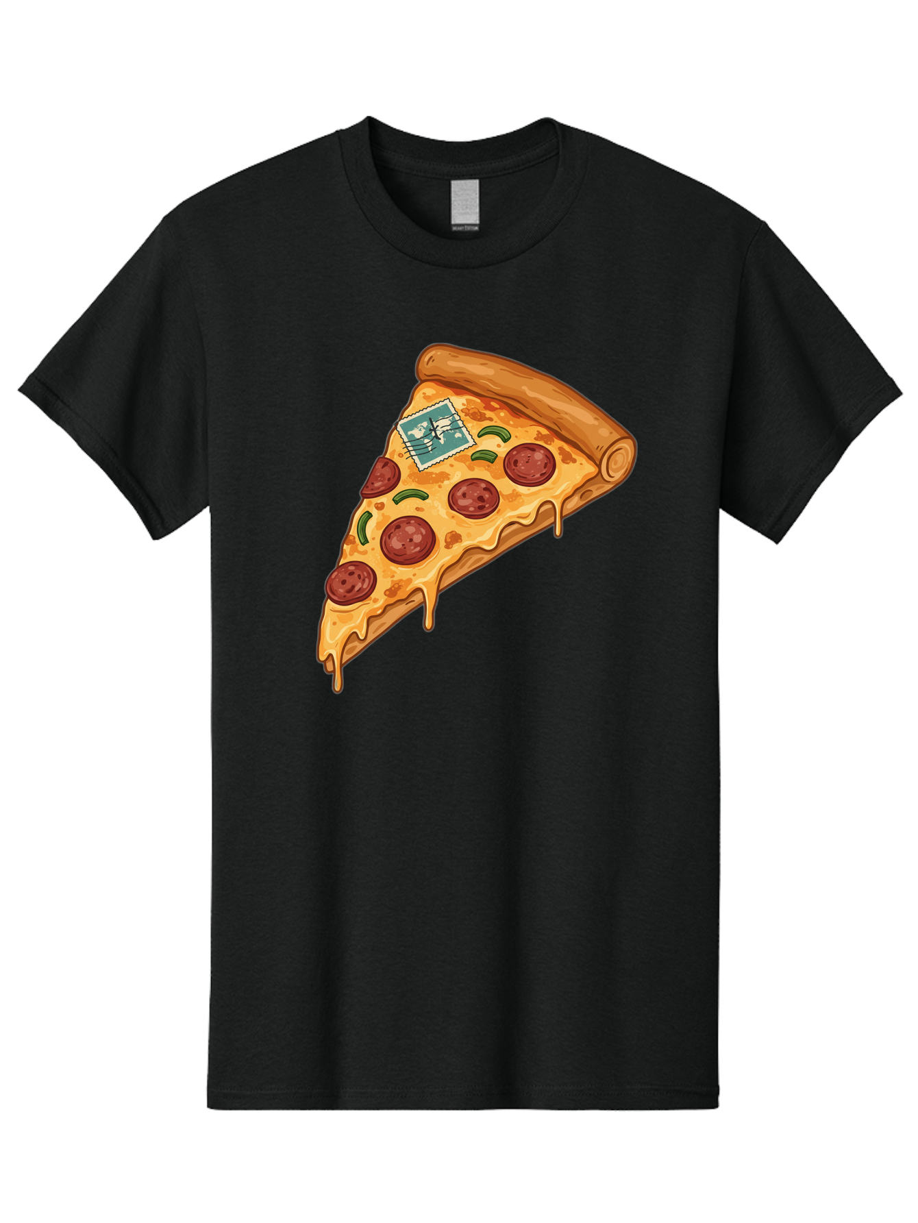Pizza-Slice-With-Stamp Men'S Graphic Tee, 100% Cotton, Comfortable Casual Summer Wear, Machine Washable, Pizza Slice, Pepperoni Pizza, Cheese Pizza, Melted Cheese, Postage Stamp, Cartoon Food, Illustration, Tasty Food, Savory Dish, Bac311