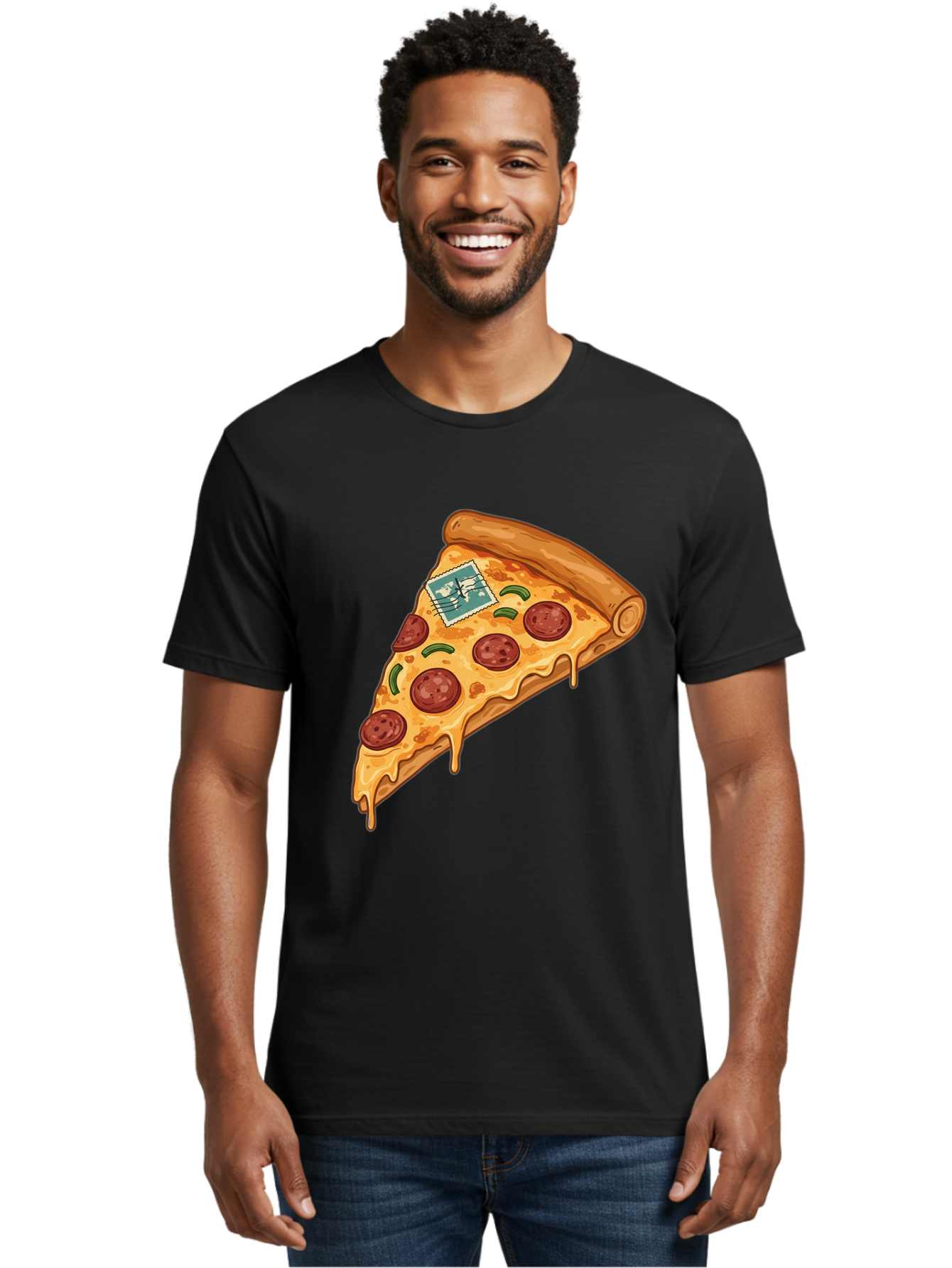 Pizza-Slice-With-Stamp Men'S Graphic Tee, 100% Cotton, Comfortable Casual Summer Wear, Machine Washable, Pizza Slice, Pepperoni Pizza, Cheese Pizza, Melted Cheese, Postage Stamp, Cartoon Food, Illustration, Tasty Food, Savory Dish, Bac311