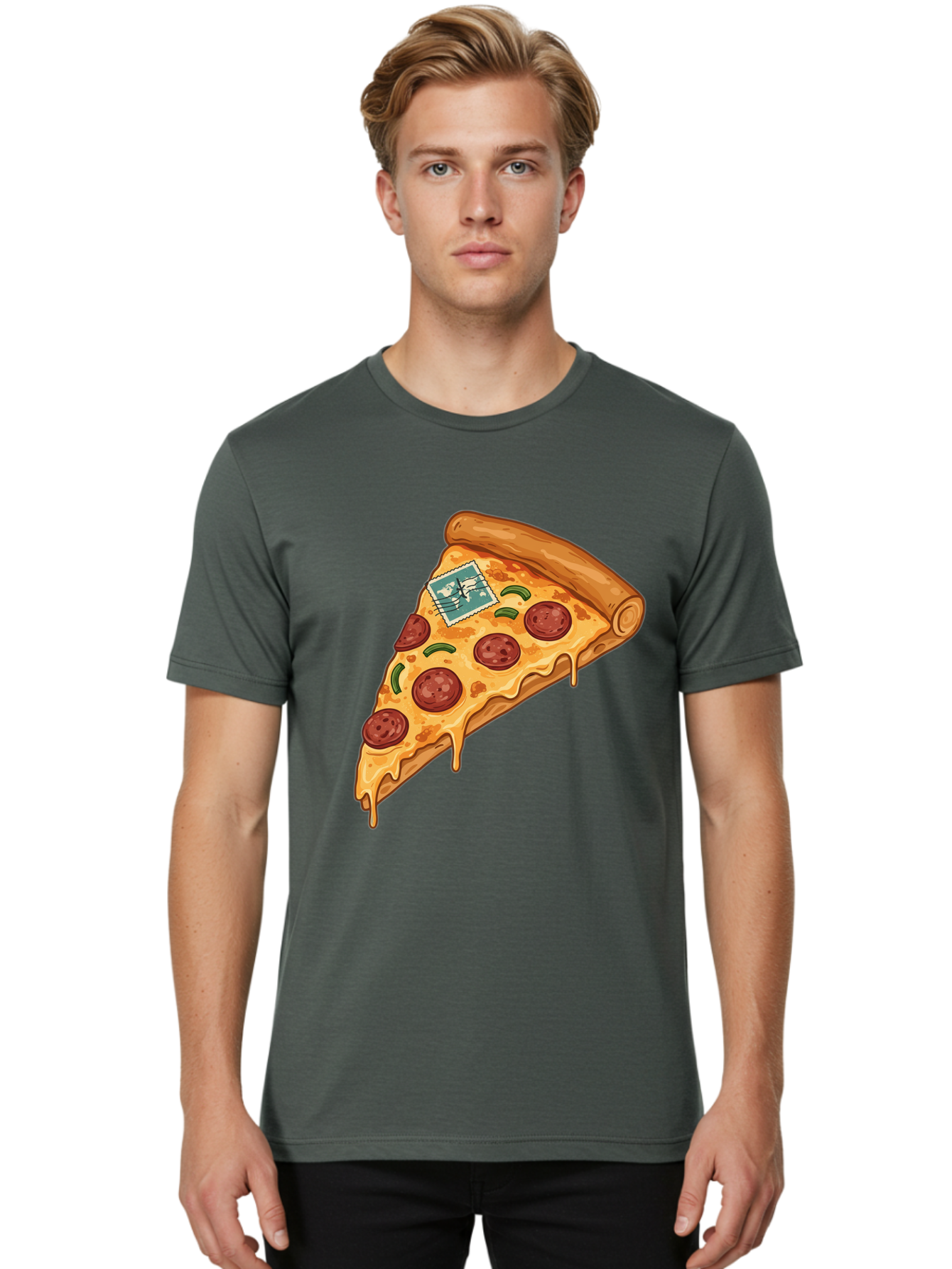 Pizza-Slice-With-Stamp Men'S Graphic Tee, 100% Cotton, Comfortable Casual Summer Wear, Machine Washable, Pizza Slice, Pepperoni Pizza, Cheese Pizza, Melted Cheese, Postage Stamp, Cartoon Food, Illustration, Tasty Food, Savory Dish, Bac311