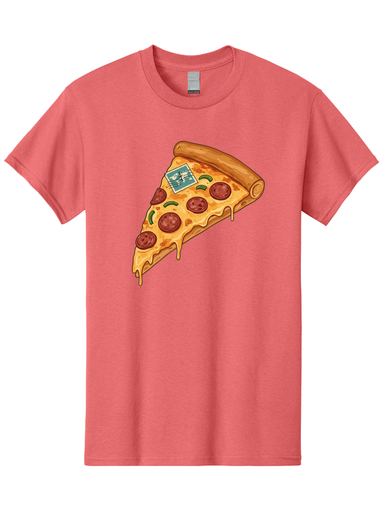 Pizza-Slice-With-Stamp Men'S Graphic Tee, 100% Cotton, Comfortable Casual Summer Wear, Machine Washable, Pizza Slice, Pepperoni Pizza, Cheese Pizza, Melted Cheese, Postage Stamp, Cartoon Food, Illustration, Tasty Food, Savory Dish, Bac311