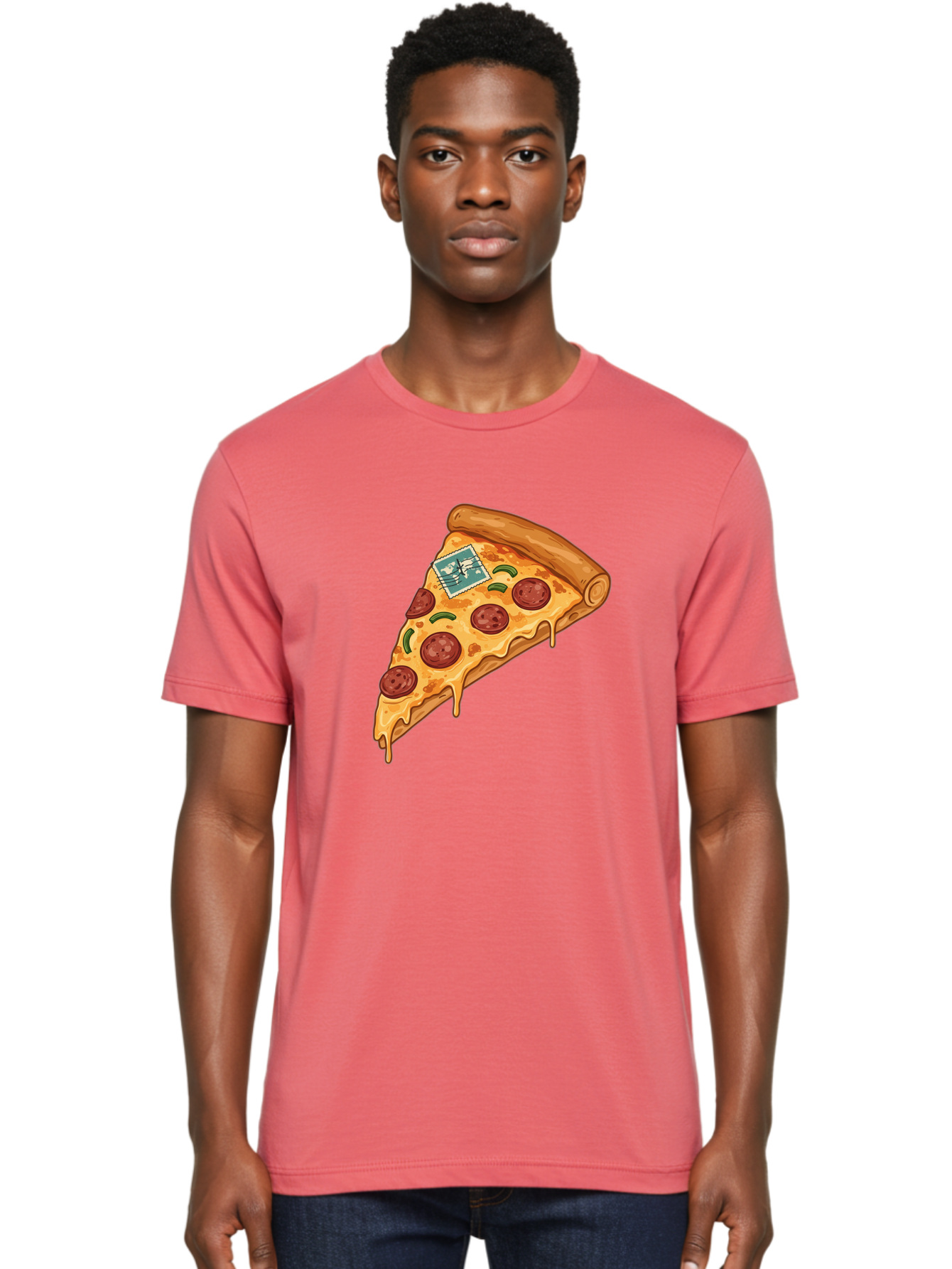 Pizza-Slice-With-Stamp Men'S Graphic Tee, 100% Cotton, Comfortable Casual Summer Wear, Machine Washable, Pizza Slice, Pepperoni Pizza, Cheese Pizza, Melted Cheese, Postage Stamp, Cartoon Food, Illustration, Tasty Food, Savory Dish, Bac311